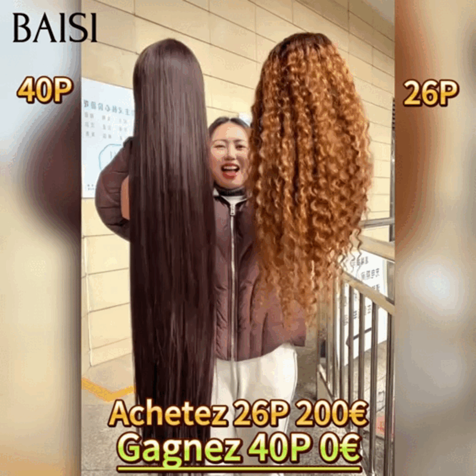 BAISI 200€ Payez 1 Gagnez 2 sans Colle Lisse avec Frange 40 Pouces et 13x4 lace frontal deep wave 26 Pouces en 100% Cheveux Humains