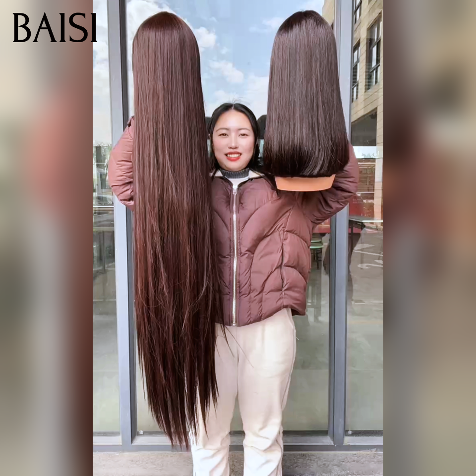 BAISI Achetez 1 + 1 Gratuite = 150€ sans Colle Lisse avec Frange Lisse 40 Pouces et 13x4 lace frontal Lisse 14 Pouces 100% Cheveux Humains