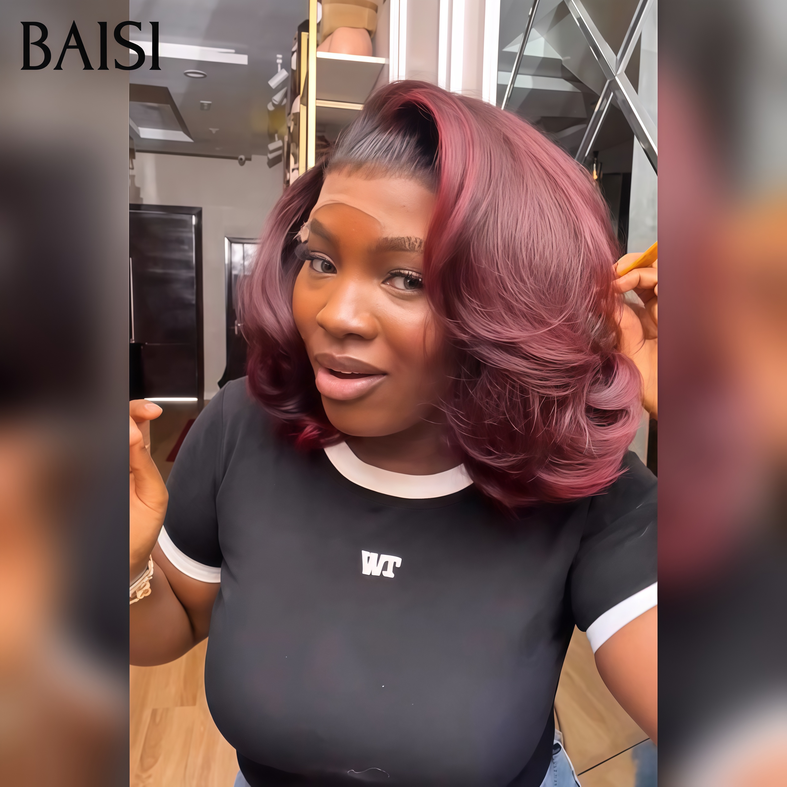 BAISI Offre à durée limitée 59€ promotion avec lace frontal bouclé wave en couleur Bordeaux BOB en 100% Cheveux Humains