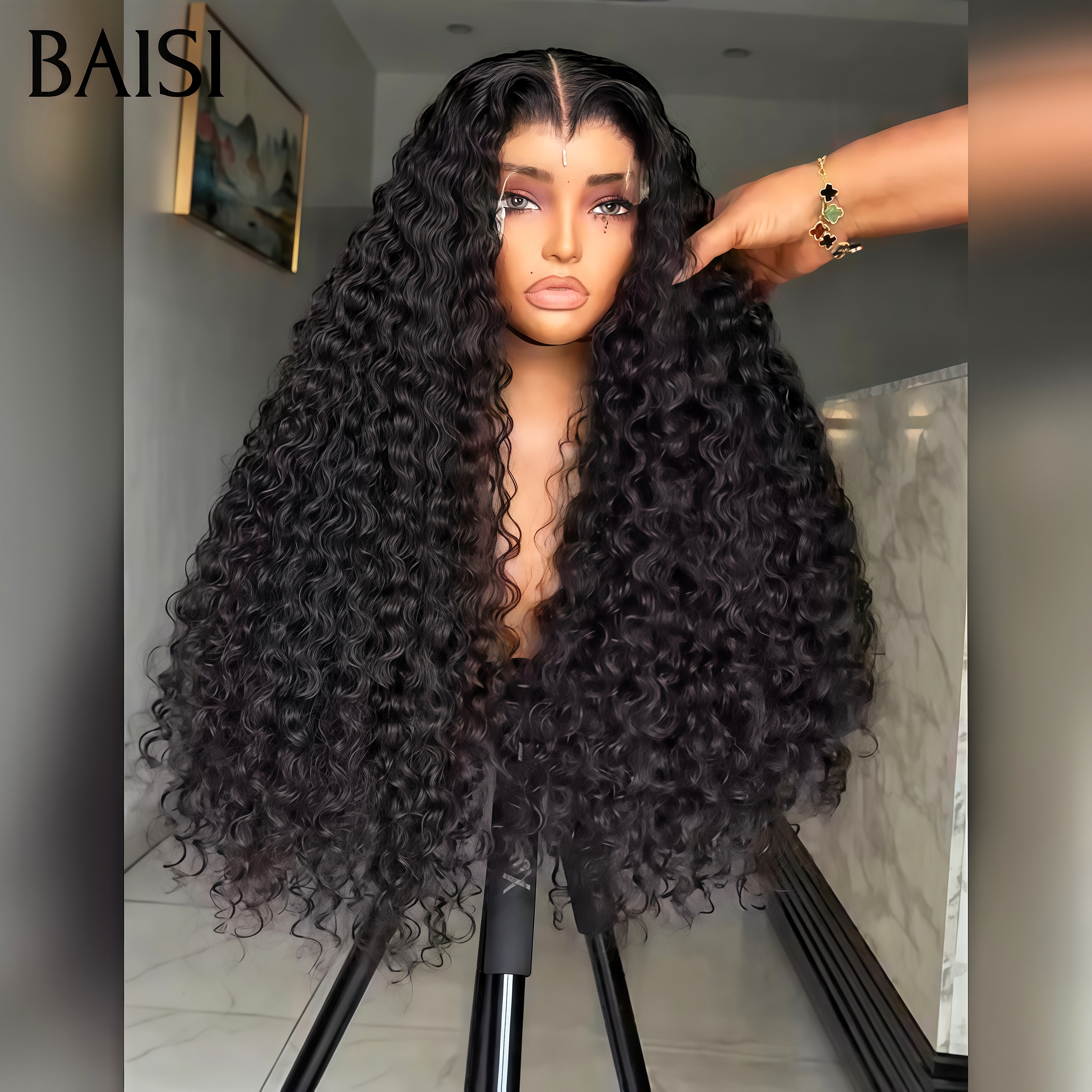 BAISI Offre à durée limitée 26 pouce 299€ promotion avec lace frontal curly wave en noir en 100% Cheveux Humains