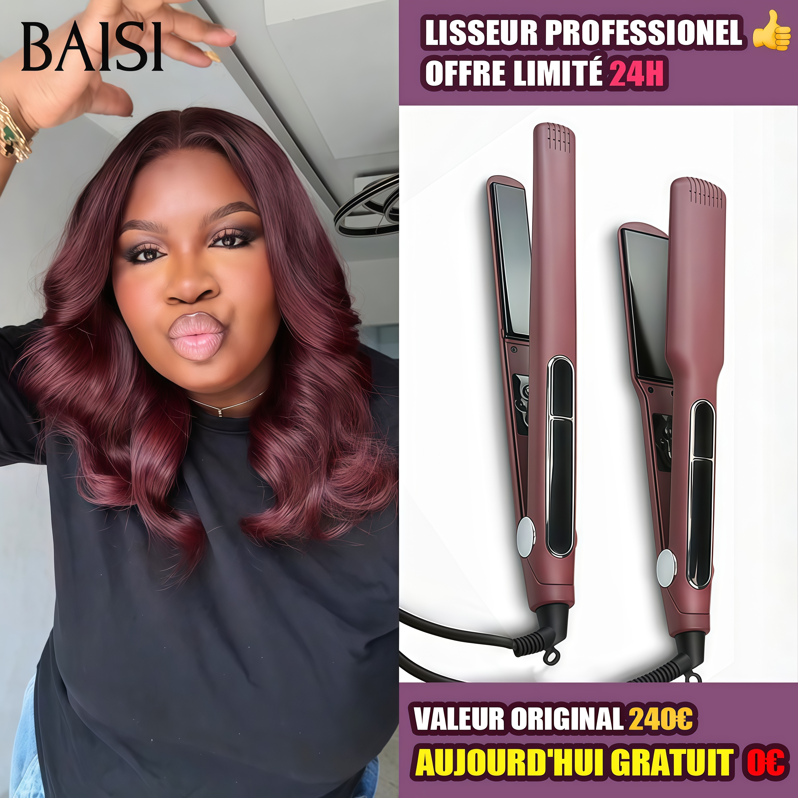 BAISI Offre spéciale Perruques 13x4 lace frontal Body wave Bordeaux 1 Perruque + Lisseur PRO Gratuite PROMO en 100% vrais cheveux humains