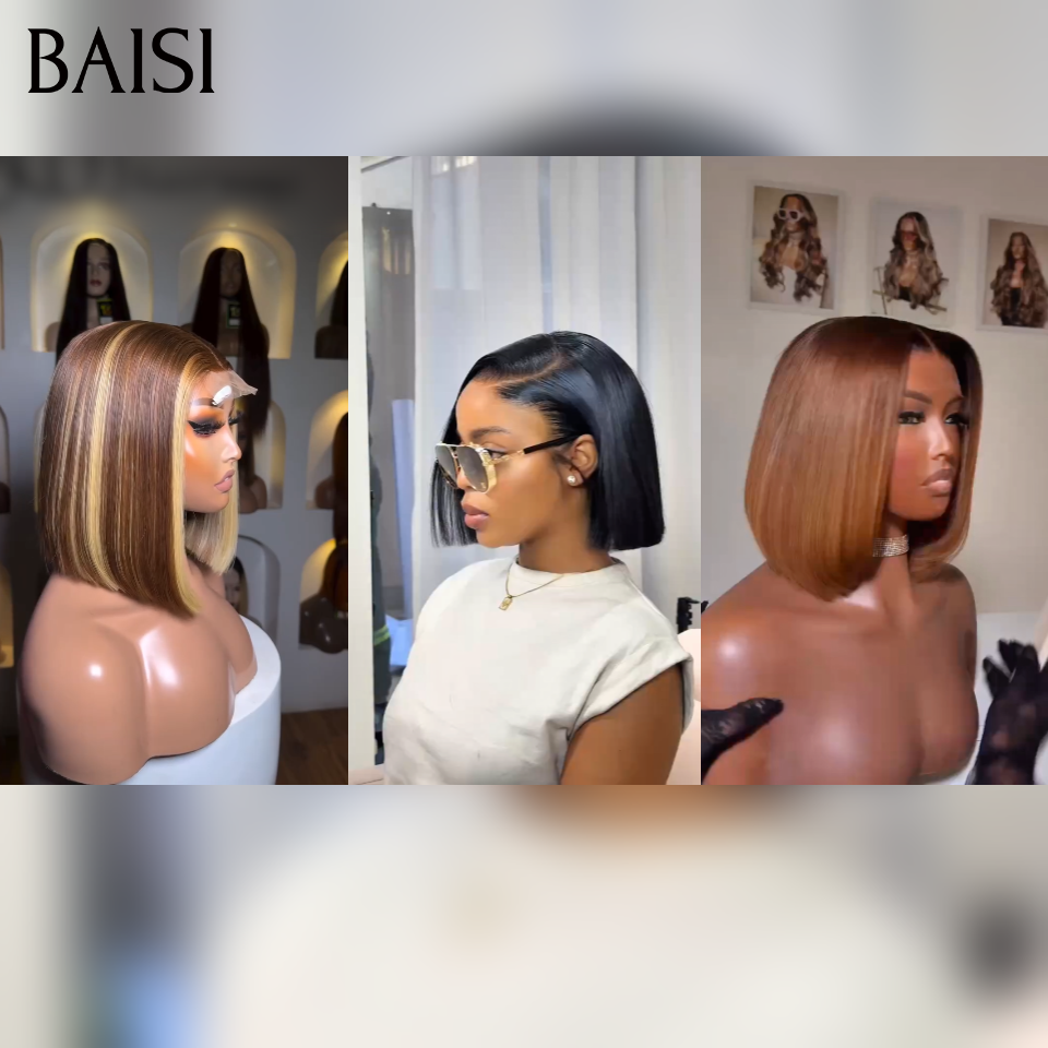3 perruques 198€ pour revendre 4x4 lace closure Lisse BOB 8 Pouces et 13x4 lace frontal Marron et Mixte Miel 10 Pouces en 100% vrais cheveux humains