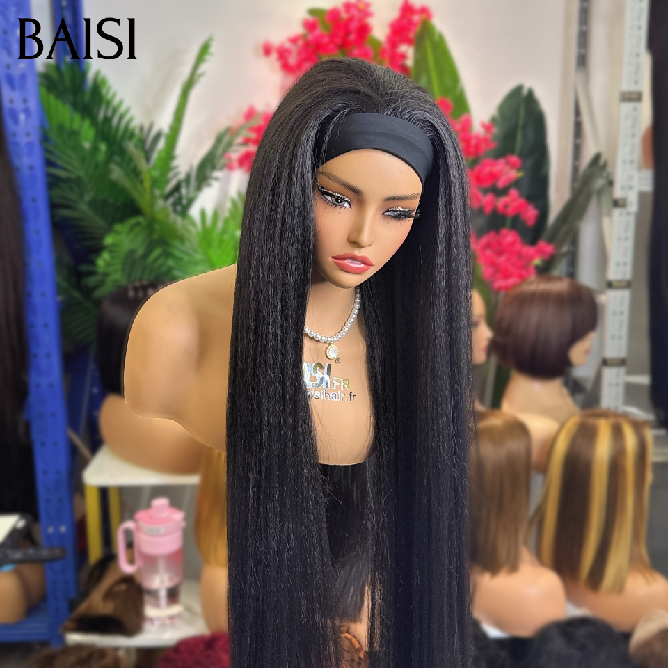 BAISI promotion 2 perruques 100€ Perruque Blended human hair bandeau kinky straight 32 Pouces et egg wave 20 Pouces en noir en 100% Cheveux Humains