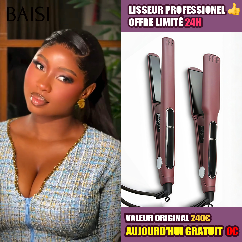 BAISI perruque Déjà Coiffée + Lisseur PRO Gratuite PROMO en Couleur Noir à moitié prix en 100% cheveux humains