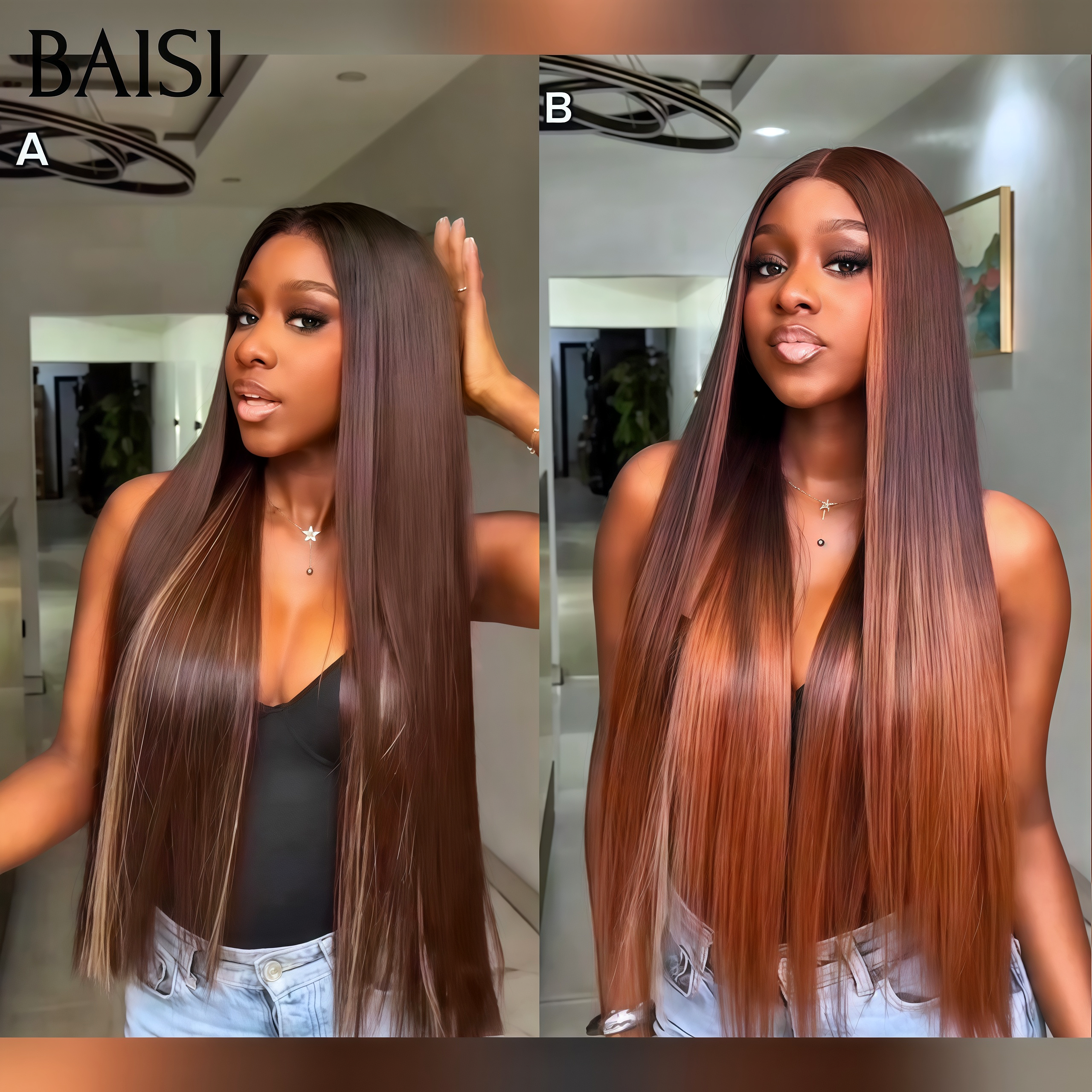 BAISI 13x4 Frontal Perruque Lisse en Couleur Mixte Marron 100% identique 20 Pouces en 100% Cheveux Humains