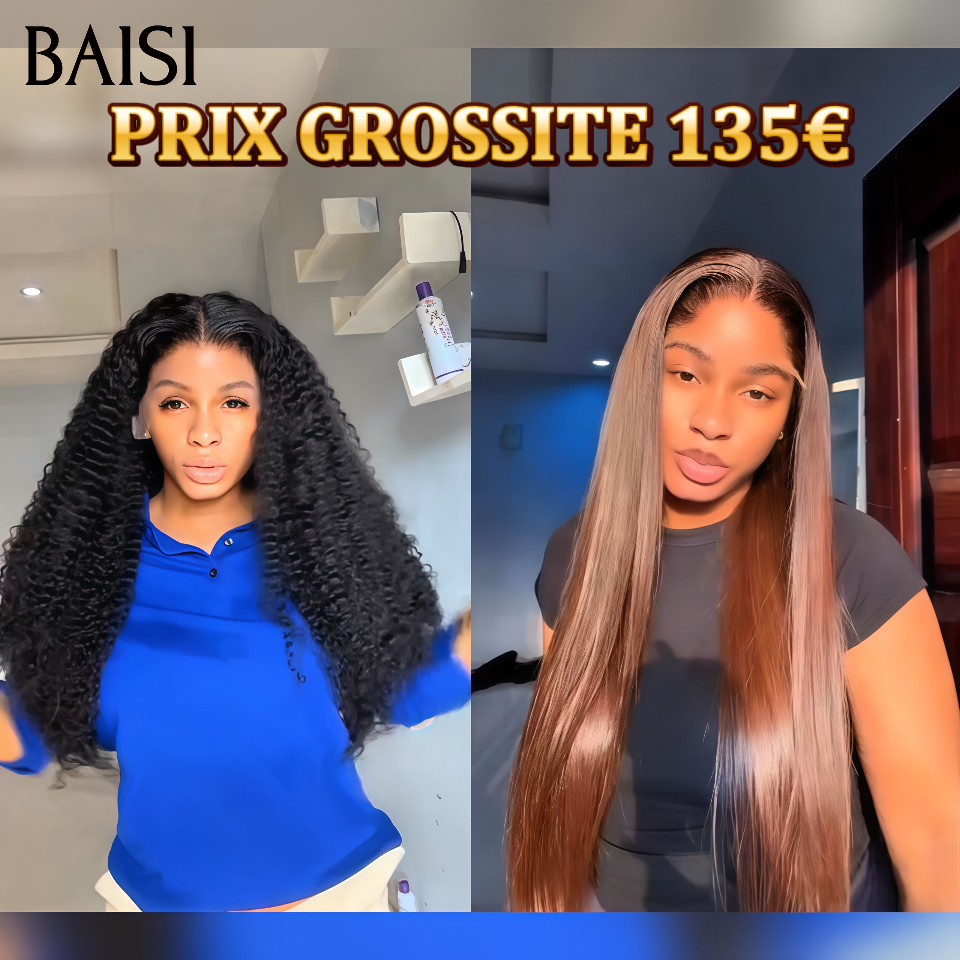 BAISI Lot de 2 Perruques 135€ 14 Pouces 13x4 lace frontal curly wave et Lisse Marron en 100% vrais cheveux humains
