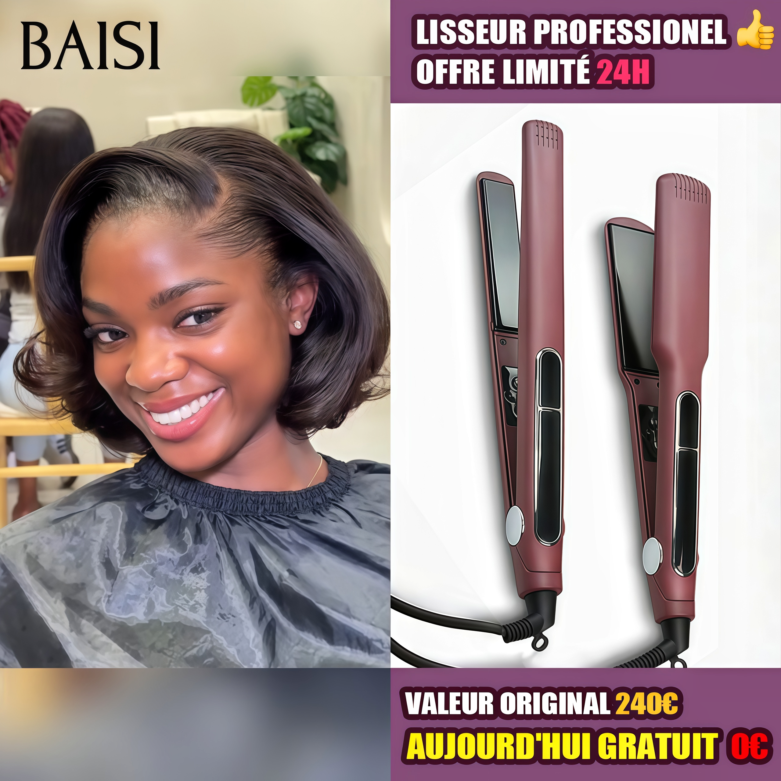 BAISI Offre spéciale Perruques Lisse BOB 13x4 Lace frontal Lisse 1 Perruque + Lisseur PRO Gratuite 89€ PROMO en 100% vrais cheveux humains