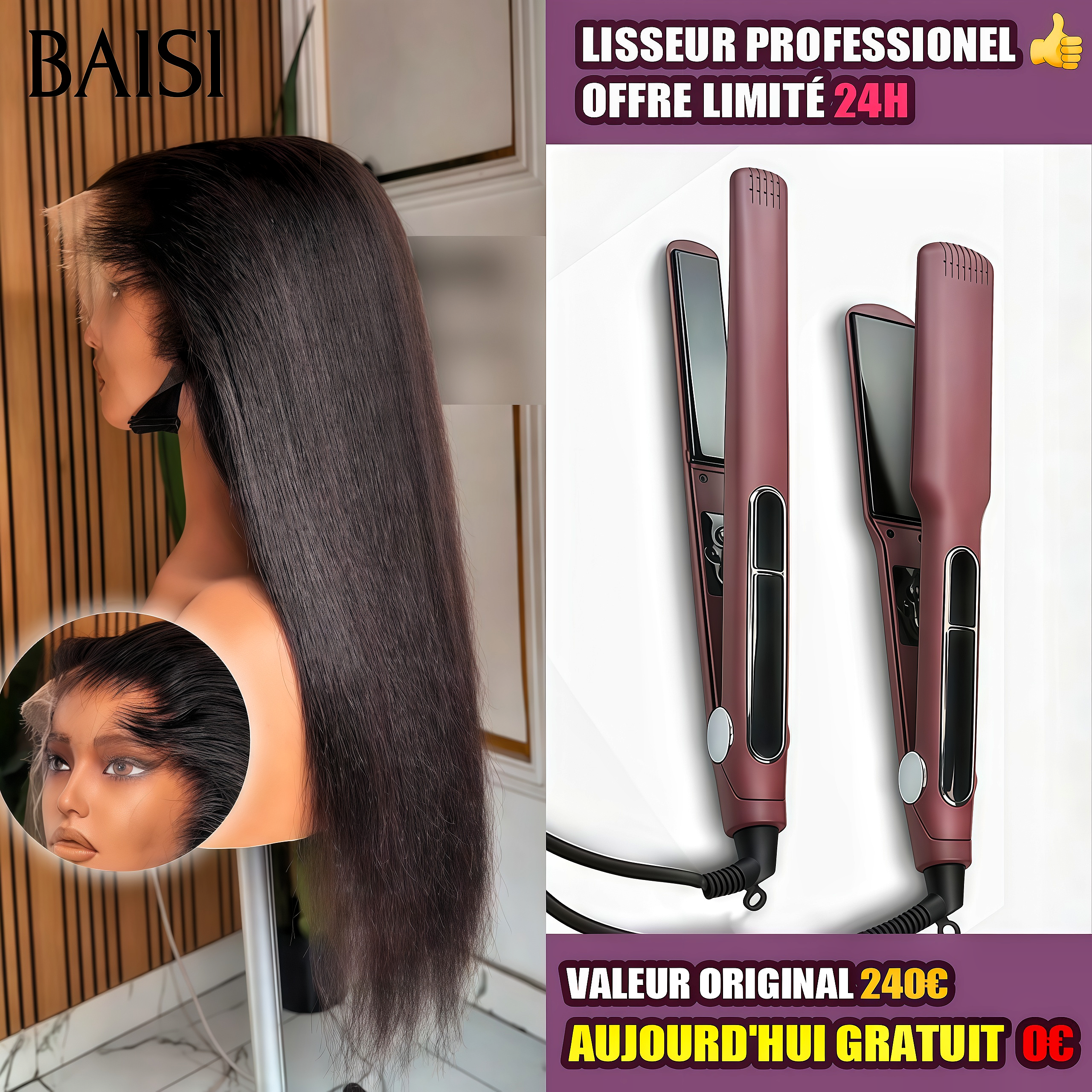 BAISI Perruques 13x4 Lace frontal Lisse 14 pouce Raw Hair plus 1 Lisseur PRO Gratuite 99€ PROMO Offre spéciale en 100% vrais cheveux humains