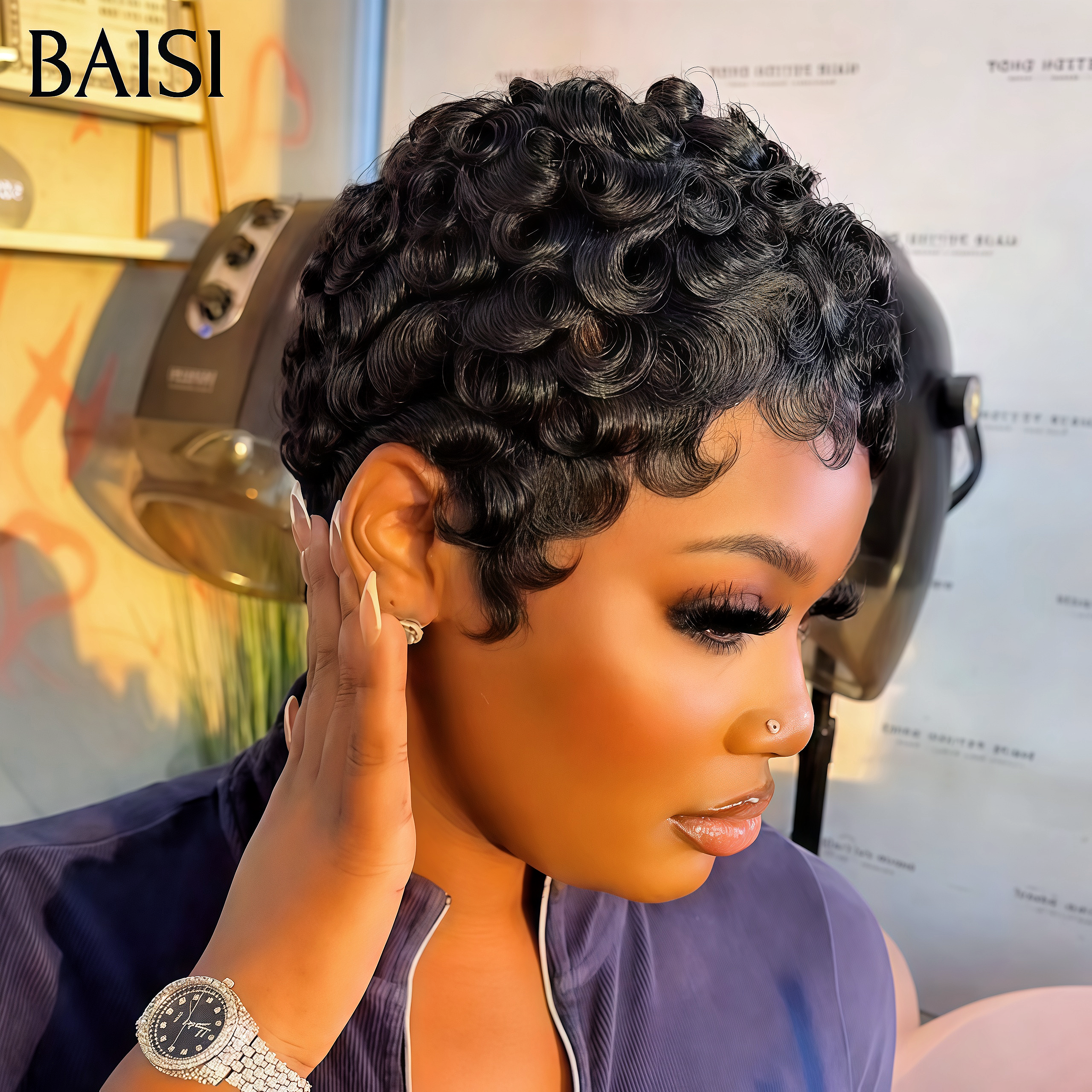 BAISI Pixie Cut Lace Frontal perruque chioma finger wave 65€ ou Sans Colle 50€ NOIR en 100% Vrais Cheveux Humains