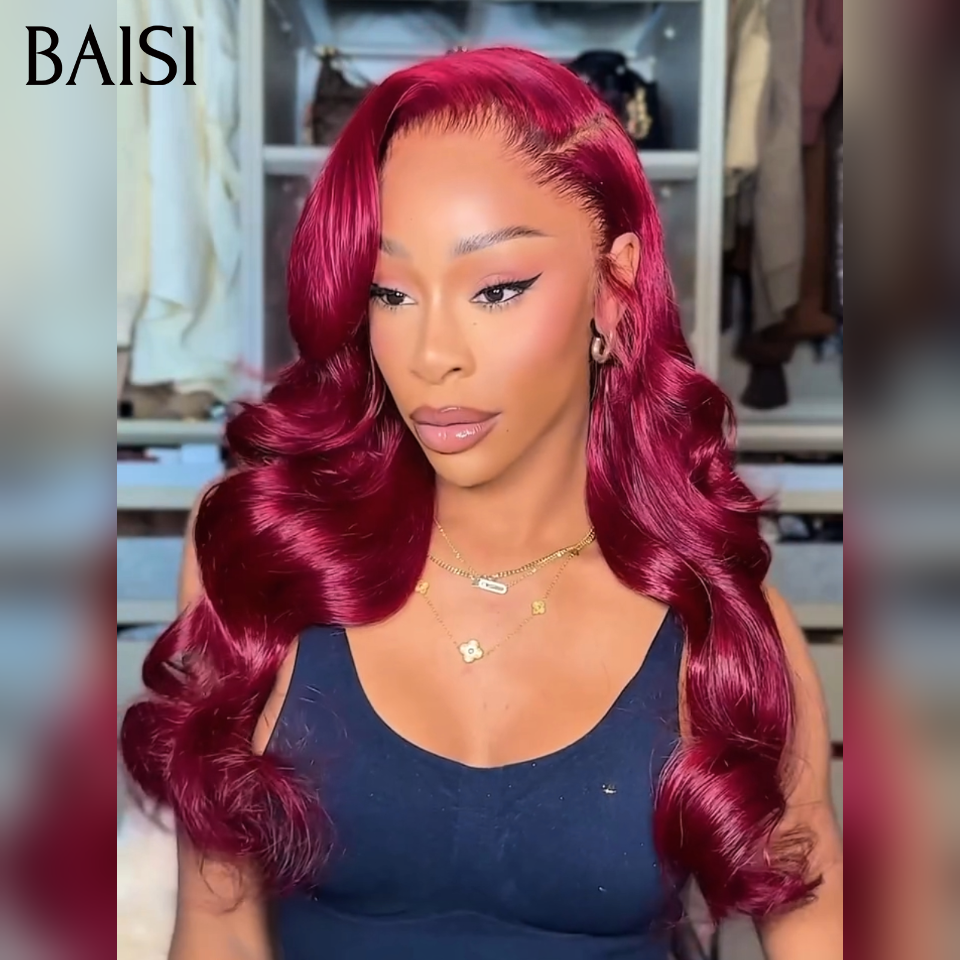 BAISI Achetez 2 perruques minimum au prix d'usine fournisseur 13X4 Frontal Perruque Body Wave EnBordeaux 99J# En 100% Vrais Cheveux Humains (Pas Besoin De Code)