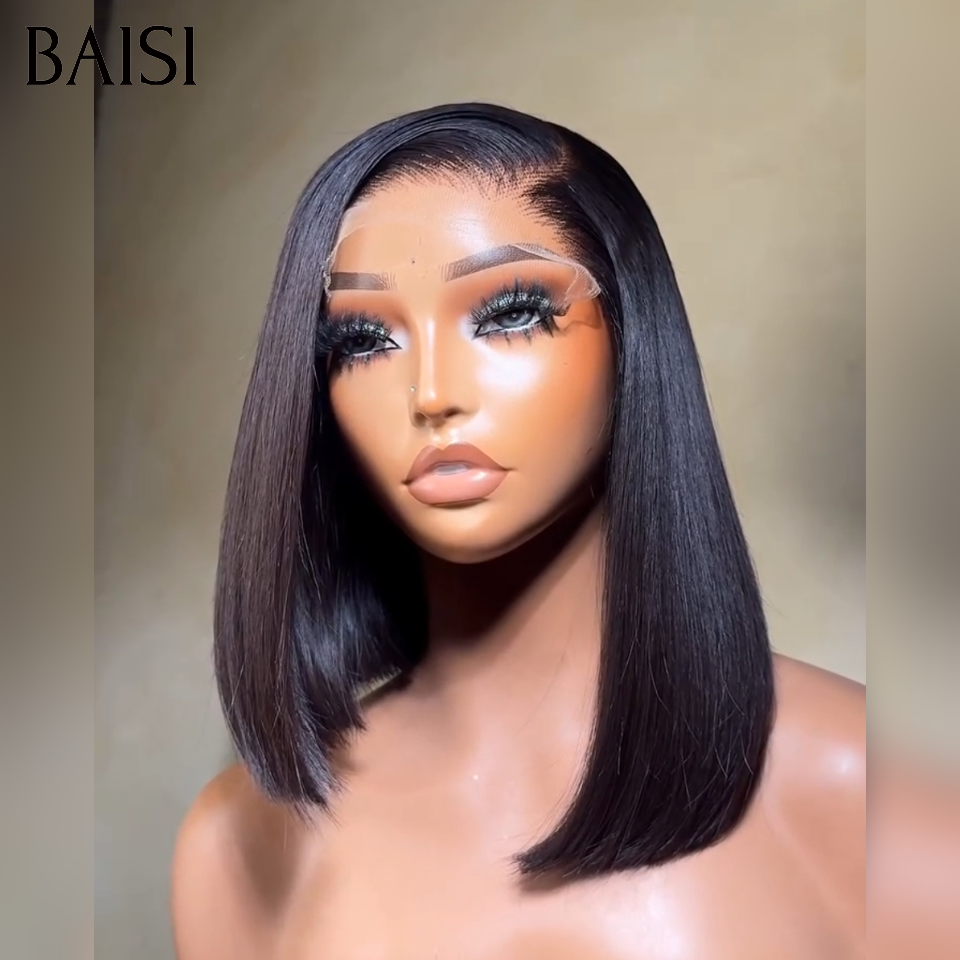 BAISI 4x4 lace closure Perruque Bob Lisse En Noir 10 Pouce Coupe Carrée 100% Raw Hair