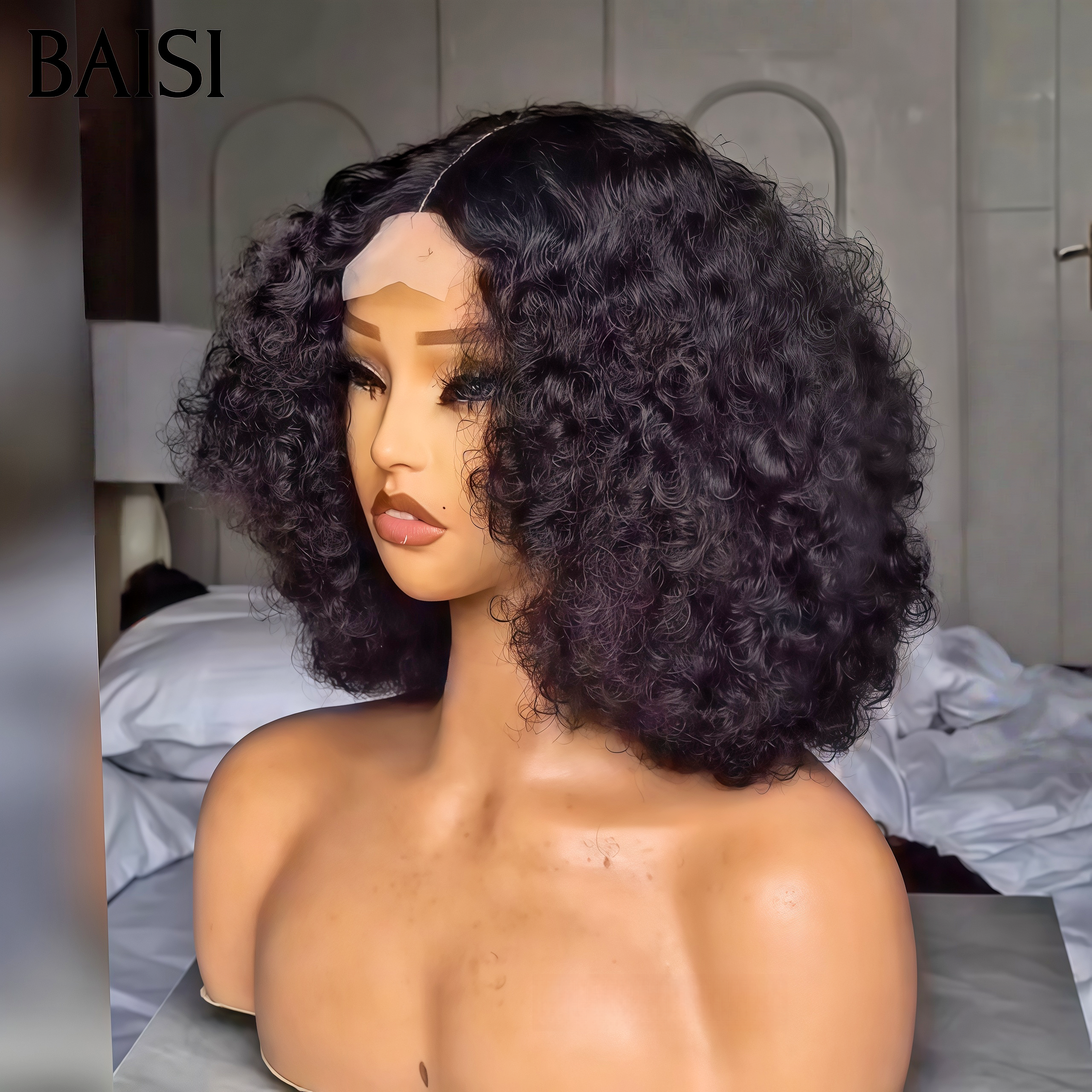 BAISI lace frontal curly wave ou T PART LACE PERRUQUE BOUCLÉE CURLY en Couleur 1BT27# EN 100% CHEVEUX HUMAINS EN COULEUR MARRON C