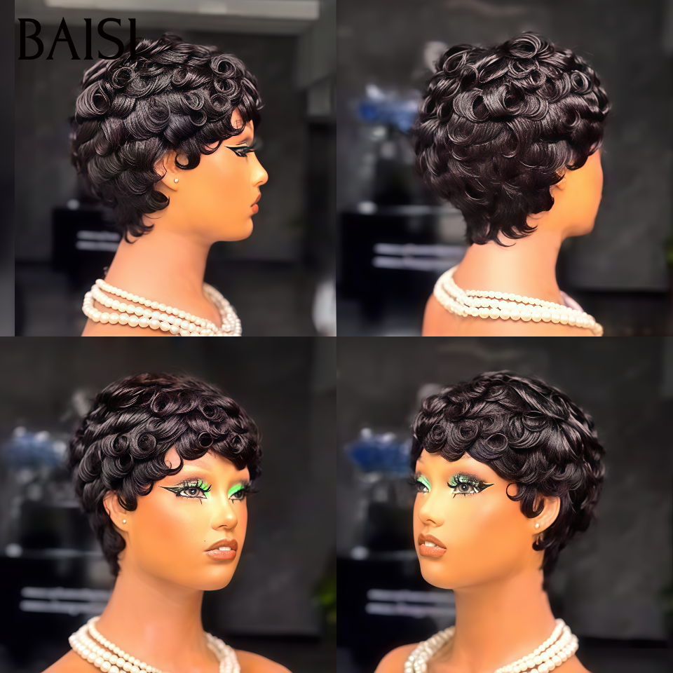 BAISI Perruque chioma finger wave petite coupe sans lace sans colle facile à porter Sans Colle 40€ vrais cheveux humains