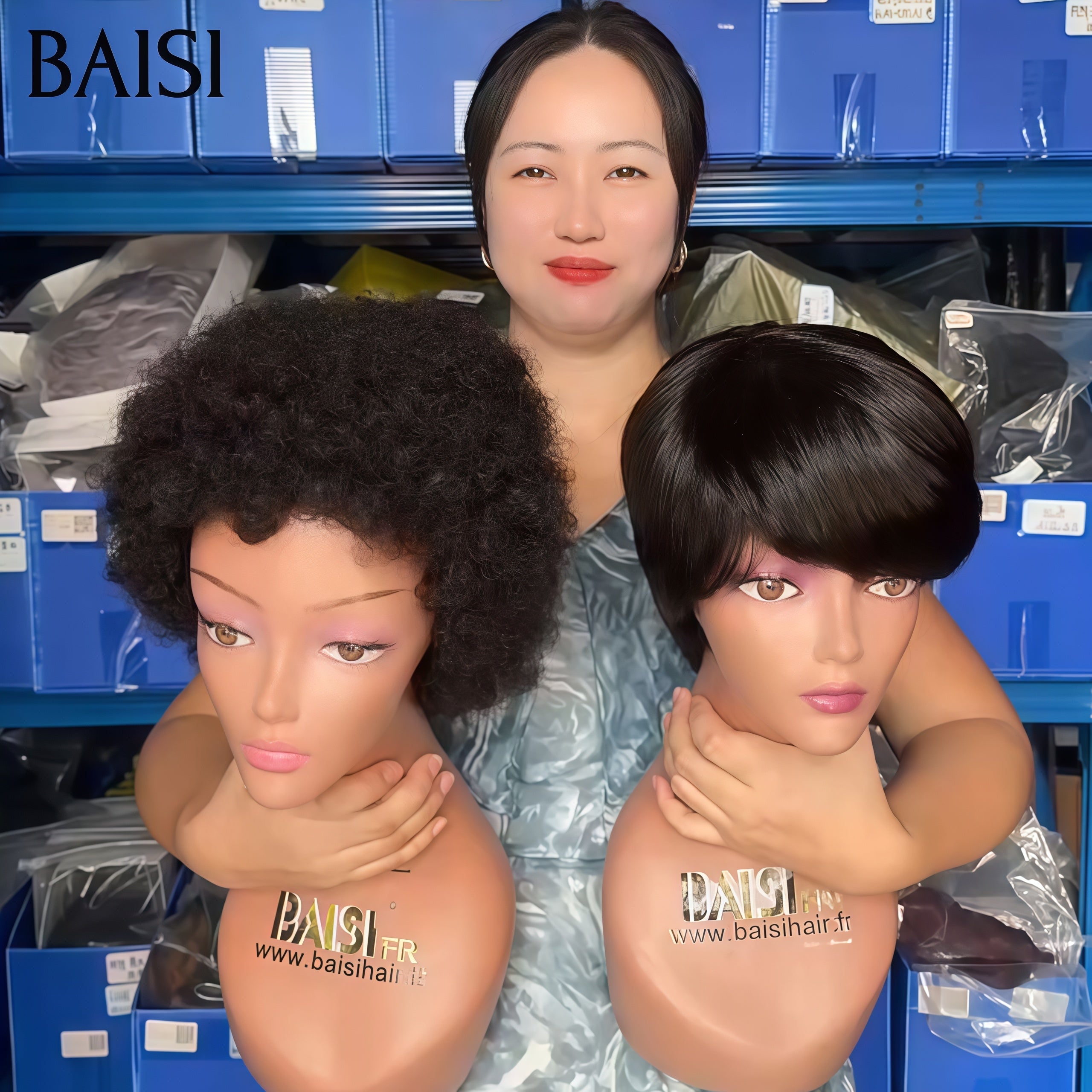 BAISI pixie Ventes En Gros 2 perruques 50€ afro curly et lisse sans colle en 100% Cheveux Humains fabriqué à la machine BS65