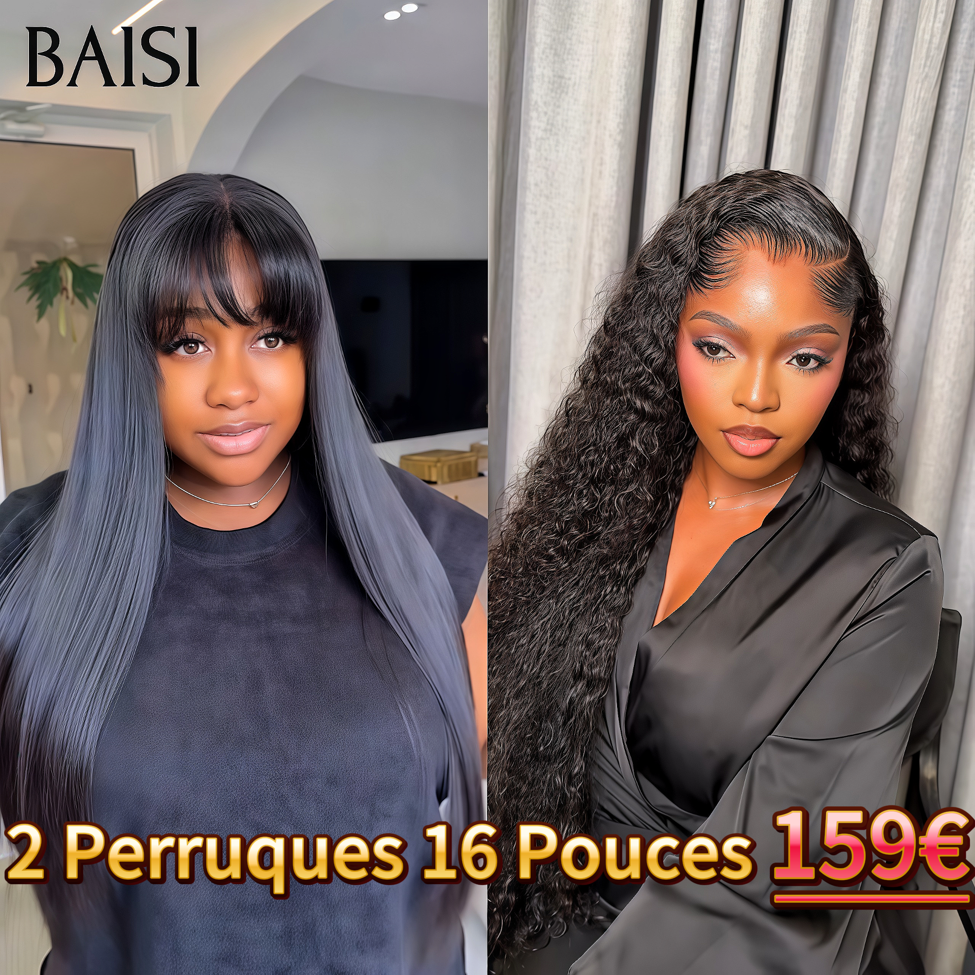 BAISI 2 Perruques 16 Pouces 159€ 13X4 lace curly wave et sans Colle Lisse avec Frange Moitié Prix Réduction avec code promo en 100% vrais cheveux humains