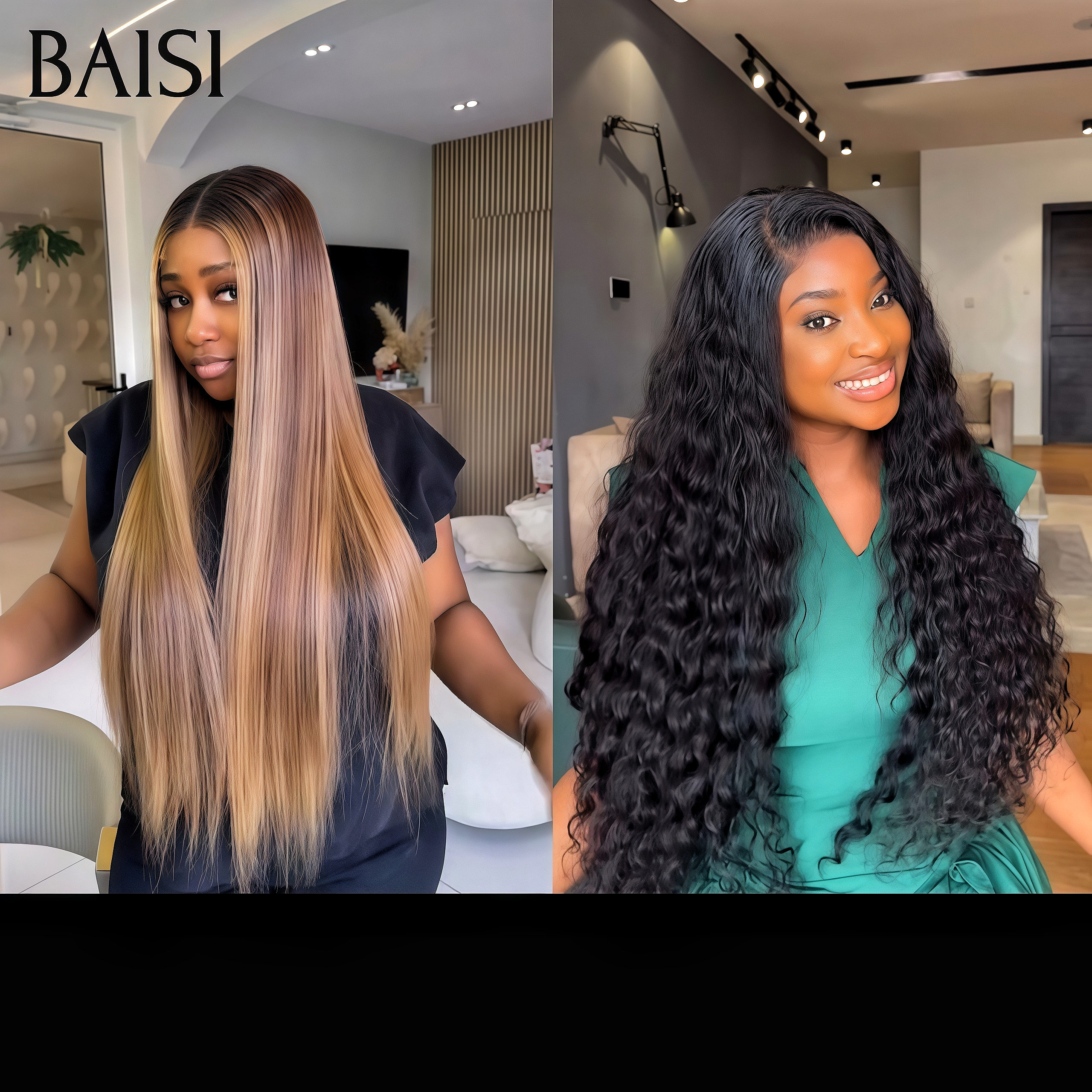 BAISI vente flash 2 Perruques 188€ 20 pouces 13x4 lace frontal Lisse Mixte et curly wave NOIR en 100% cheveux humains Code: FR20
