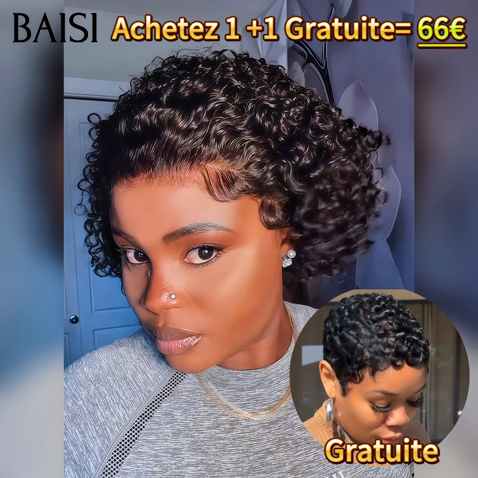 BAISI Compre 1 + 1 Grátis = 66€ Peruca pixie 13x4 lace frontal ondulada e encaracolada sem cola, peruca chioma em 100% cabelo humano verdadeiro