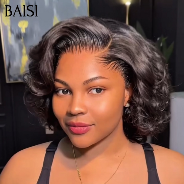 BAISI BLACK FRIDAY PROMO Stocks limités 79€ pixie Perruque egg wave NOIR avec lace frontal en 100% Cheveux Humains