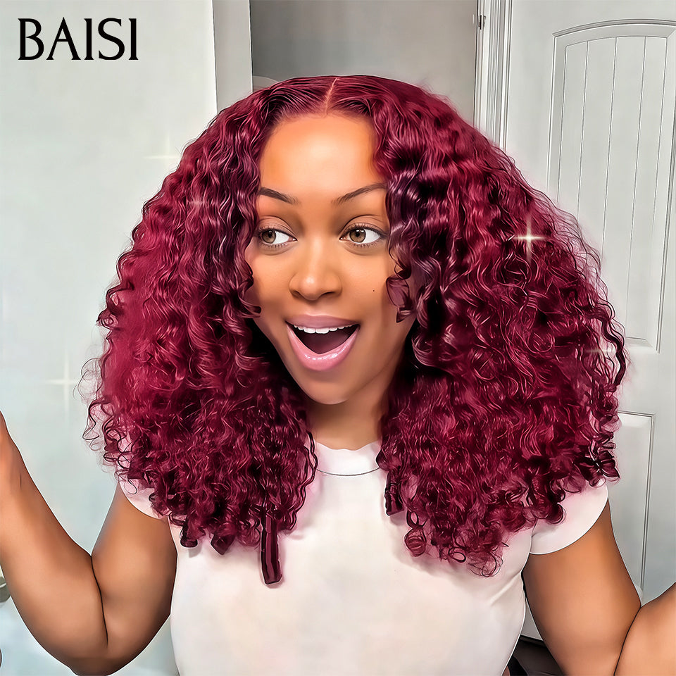 BAISI Buy at least 2 wigs at factory supplier price EVA 13X4 lace in Bordeaux red color 1BT99J# or 4X4 lace black 14 inches water wave (No Code Needed)