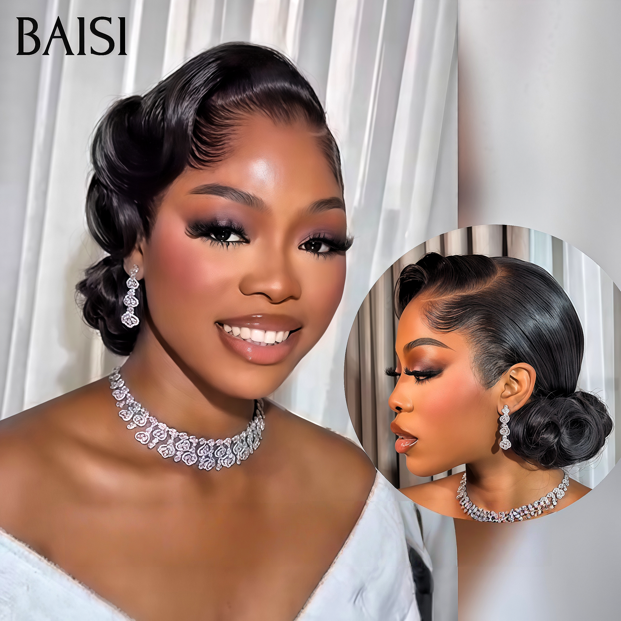 BAISI Coiffure de luxe Geneviève Perruques Mariage noir Prête à porter chignon et personalisation comme sur la vidéo 100% identique avec lace frontale événement spécial VIP100