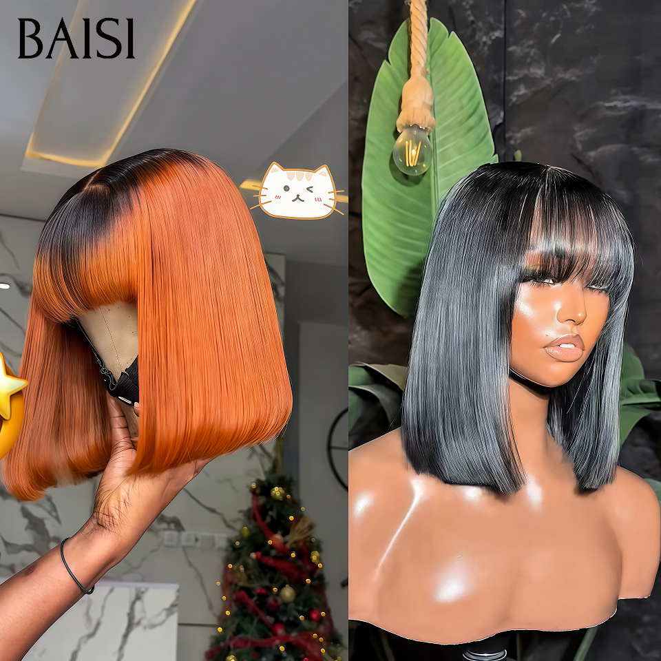 BAISI Lot De Perruque En Cheveux Humains 2 Perruques 120€ SDD Vietnam Hair Lisse BOB avec Frange 2 couleurs
