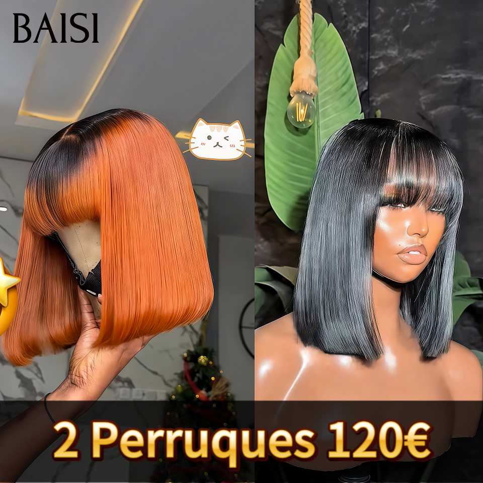 BAISI Lot De Perruque En Cheveux Humains 2 Perruques 120€ SDD Vietnam Hair Lisse BOB avec Frange 2 couleurs