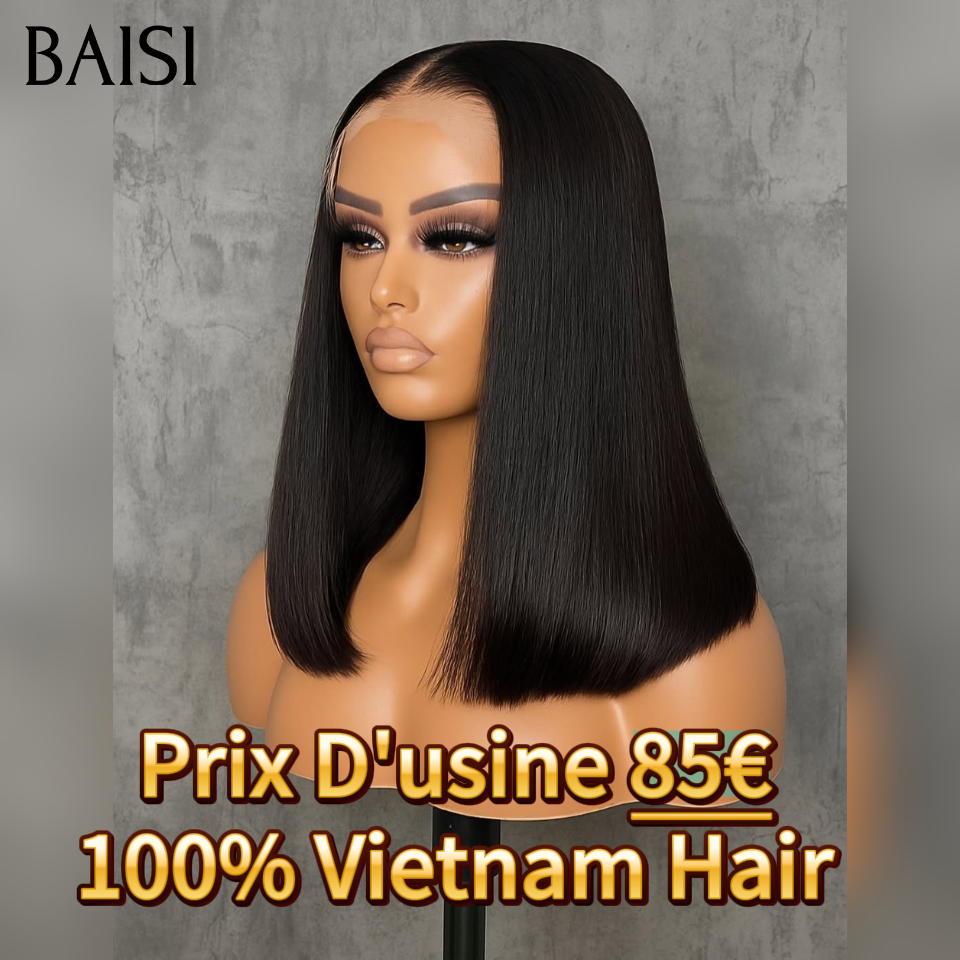 BAISI Achetez 2 perruques minimum au prix d'usine fournisseur Perruque 2x6 Lisse bob 10 Pouces en Noir en 100% Cheveux Humains