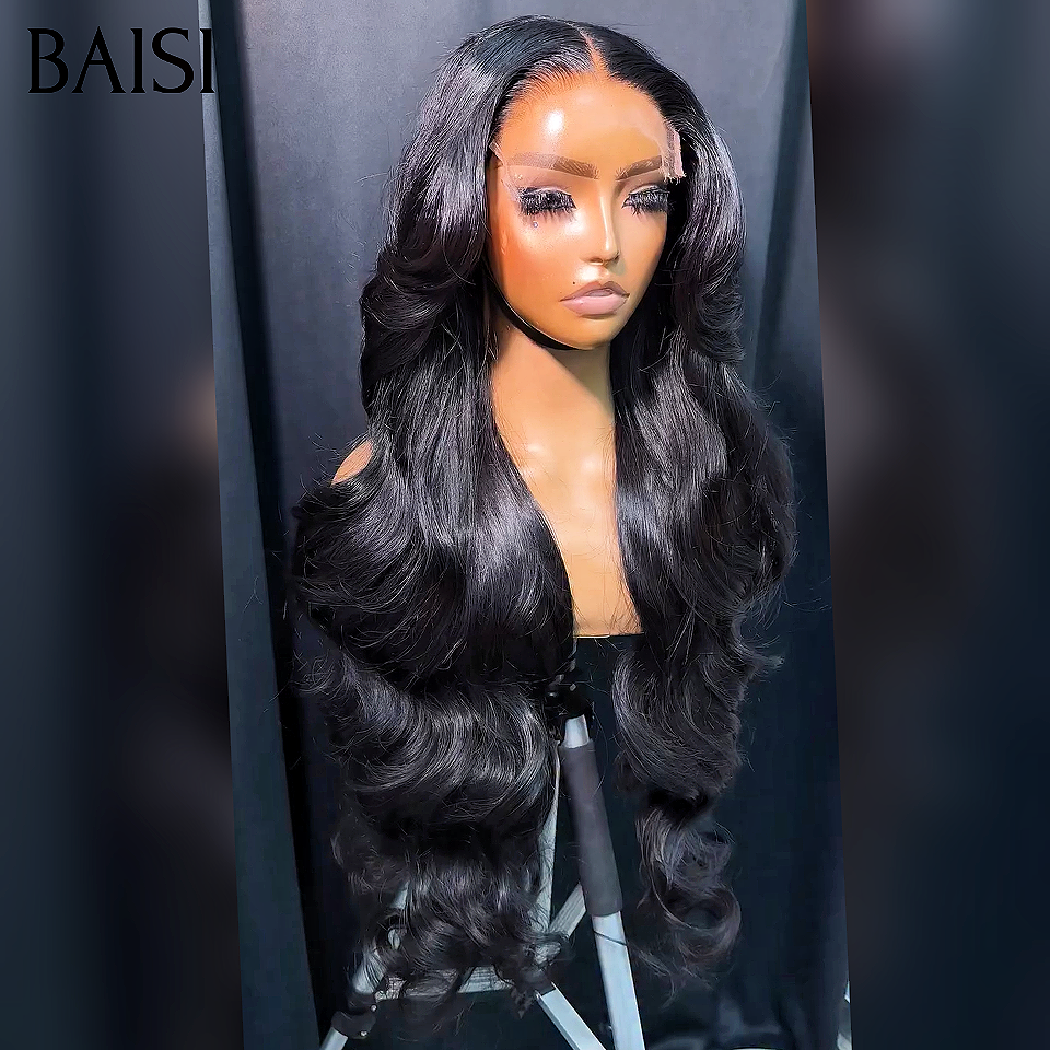 Pelucas BAISI Luxury Body Wave con flequillo hechas con cabello doble dibujado con raya media natural