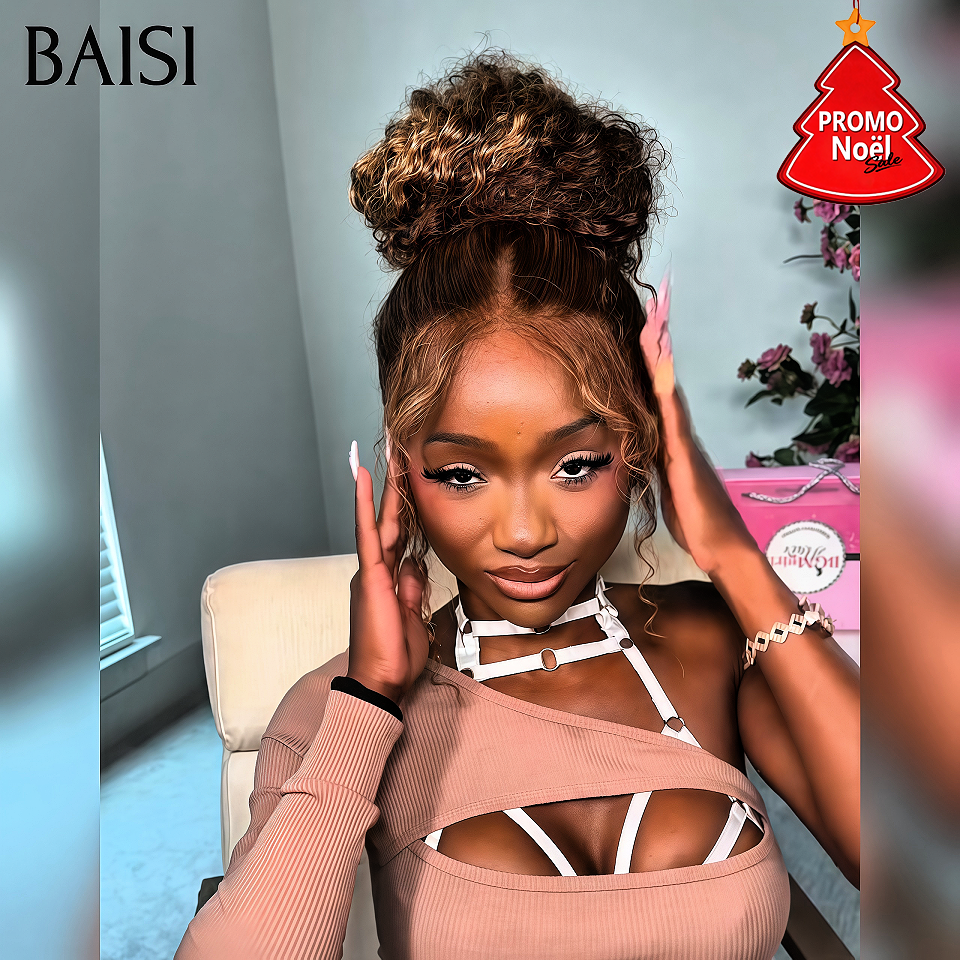 BAISI Perruque Upgrade Invisible Strap 360 lace Frontal curly wave Prêt à porter Couleur marron Mixte Miel invisible et réglable Pré-plucked Pas Besoin de Colle 250% densité en 100% Raw Hair