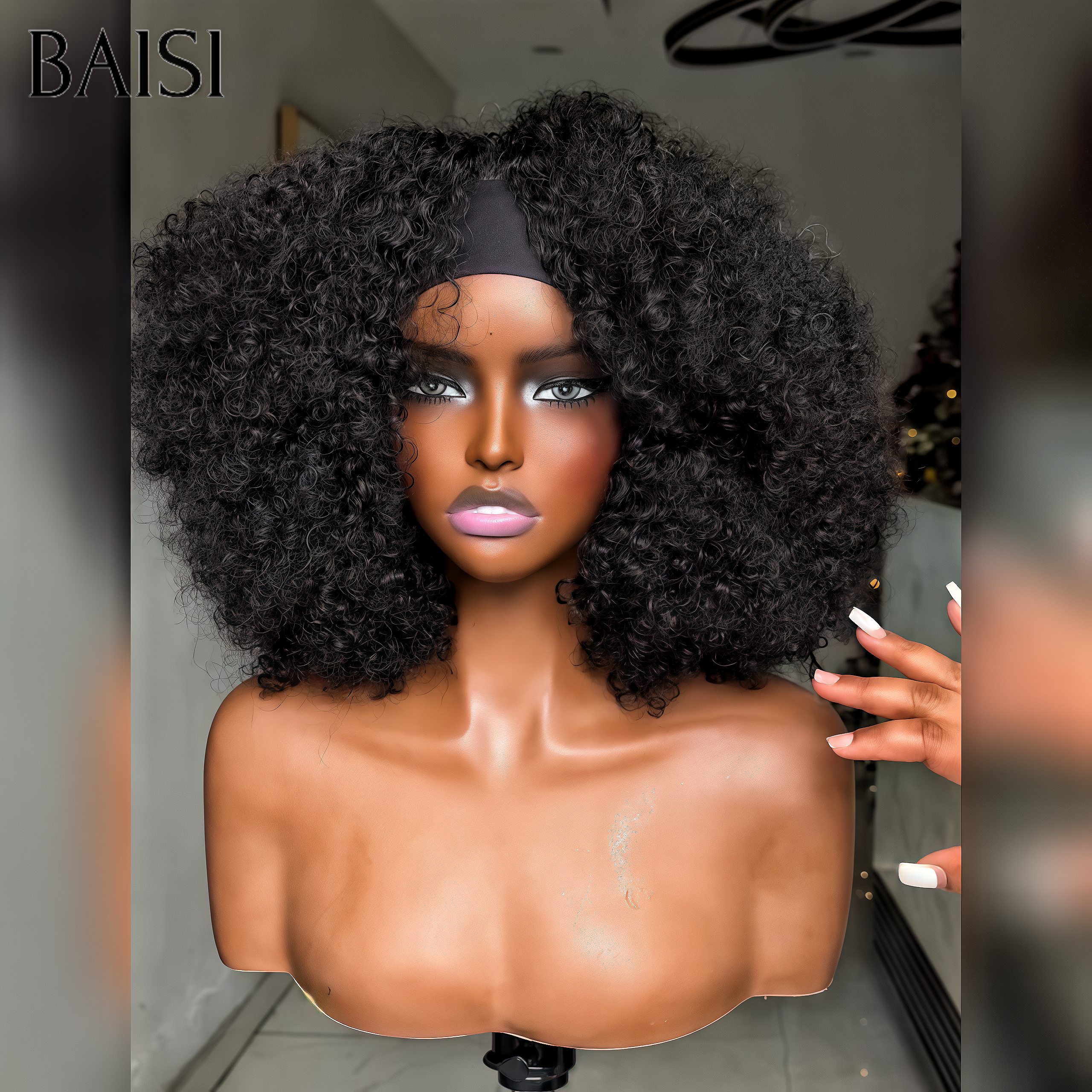BAISI Perruque Bandeau kinky curly 14 pouce 79€ PROMO Fabriquée A La Machine sans Colle sans lace en 100% Cheveux Humains