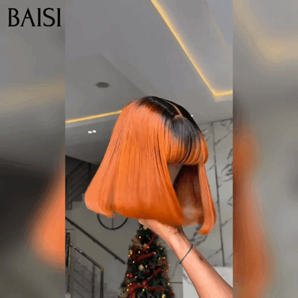 BAISI perruque 100% Vietnam Hair SDD BONE STRAIGHT Lisse BOB avec Frange de luxe Personnalisation orange avec racine NOIR en 100% vrais cheveux humains