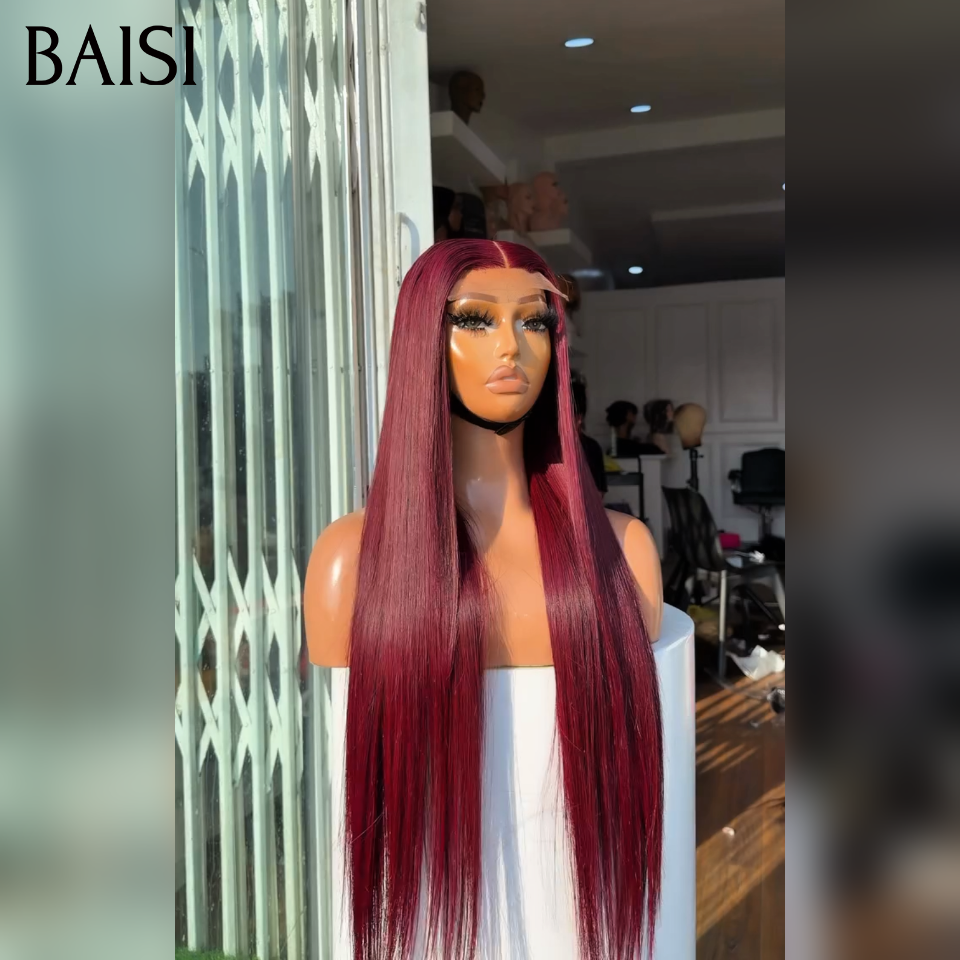 BAISI 13x4 Frontal Perruque Lisse 1 Perruque + 1 Peigne Electrique = 109€ 20 Pouces en couleurs Bordeaux 99J# en 100% Cheveux Humains