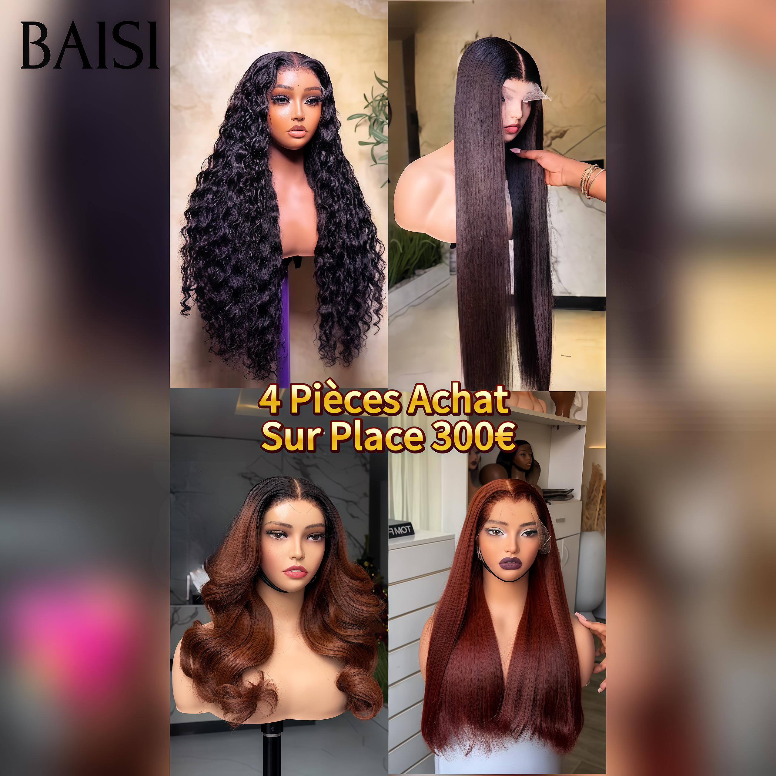 BAISI 4 Pièces Achat 300€ Facile à Revendre 13x4 lace frontal Lisse et curly wave et Body wave en 100% Cheveux Humains