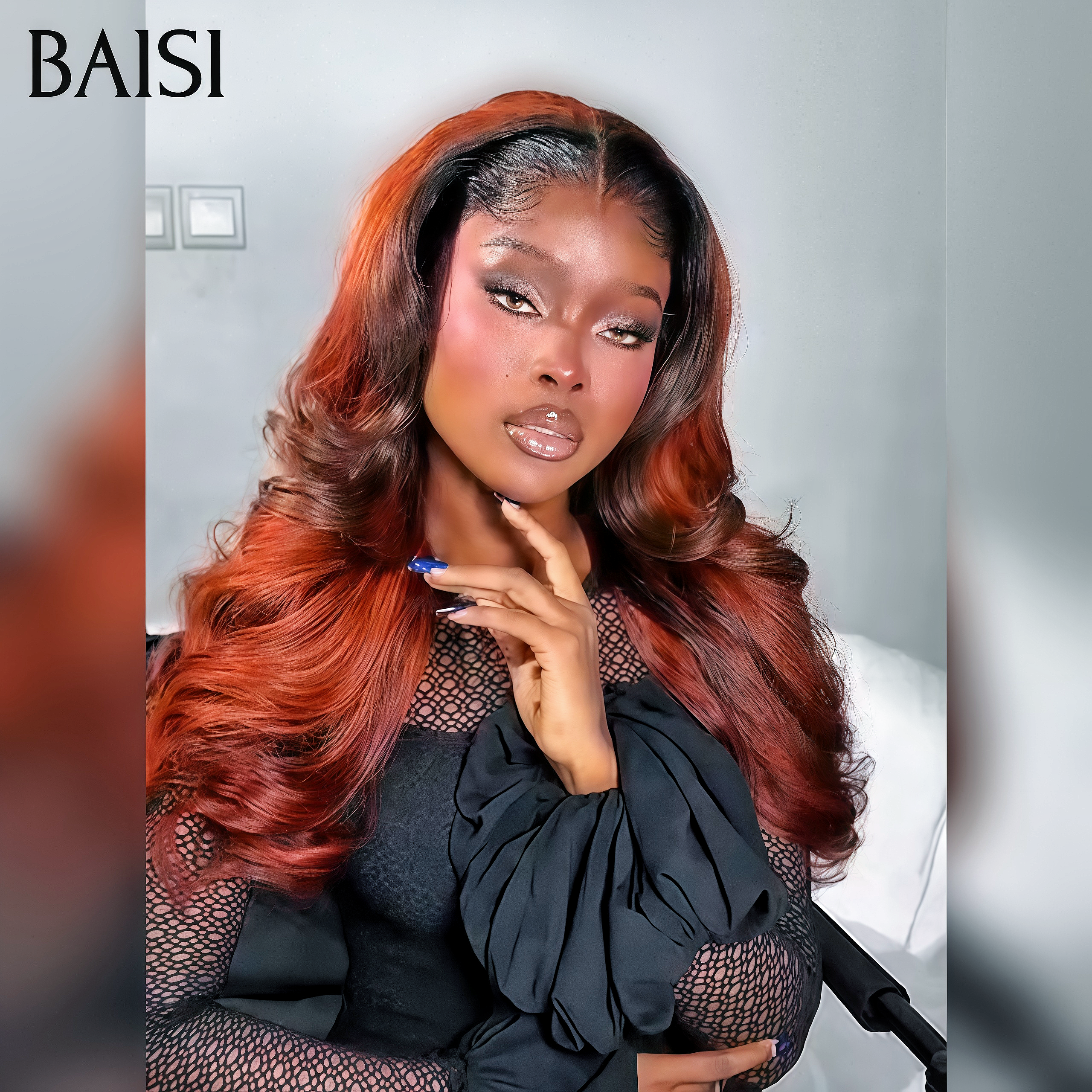 BAISI 13x4 Frontal Perruque Body wave en Marron Mixte Orange Pré-plucked Pas Besoin de Colle en 100% Raw Hair Lace déjà couper