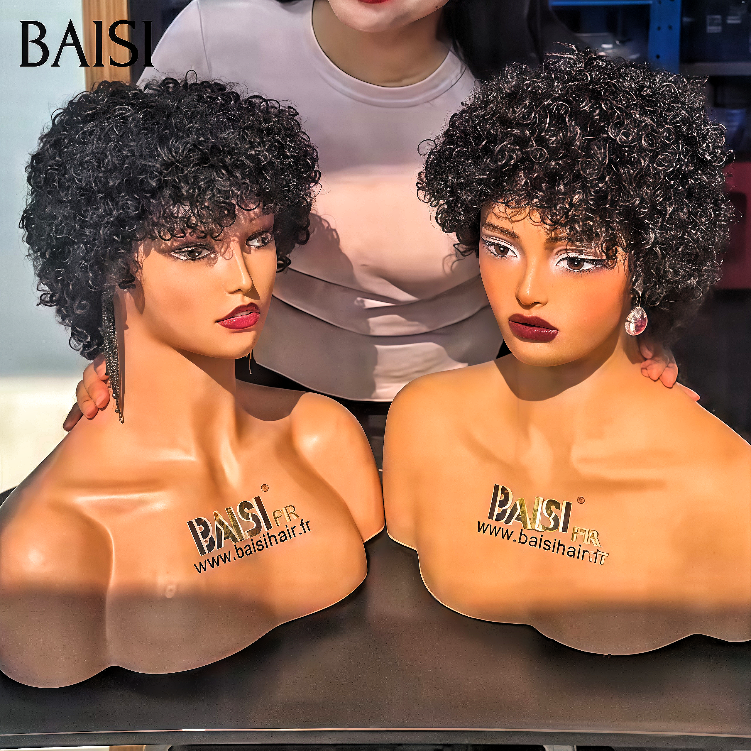 BAISI Perruque pixie 50€ Facile à porter en France sans Colle Fabriqué à la Machine NOIR curl wave en 100% Cheveux Humains