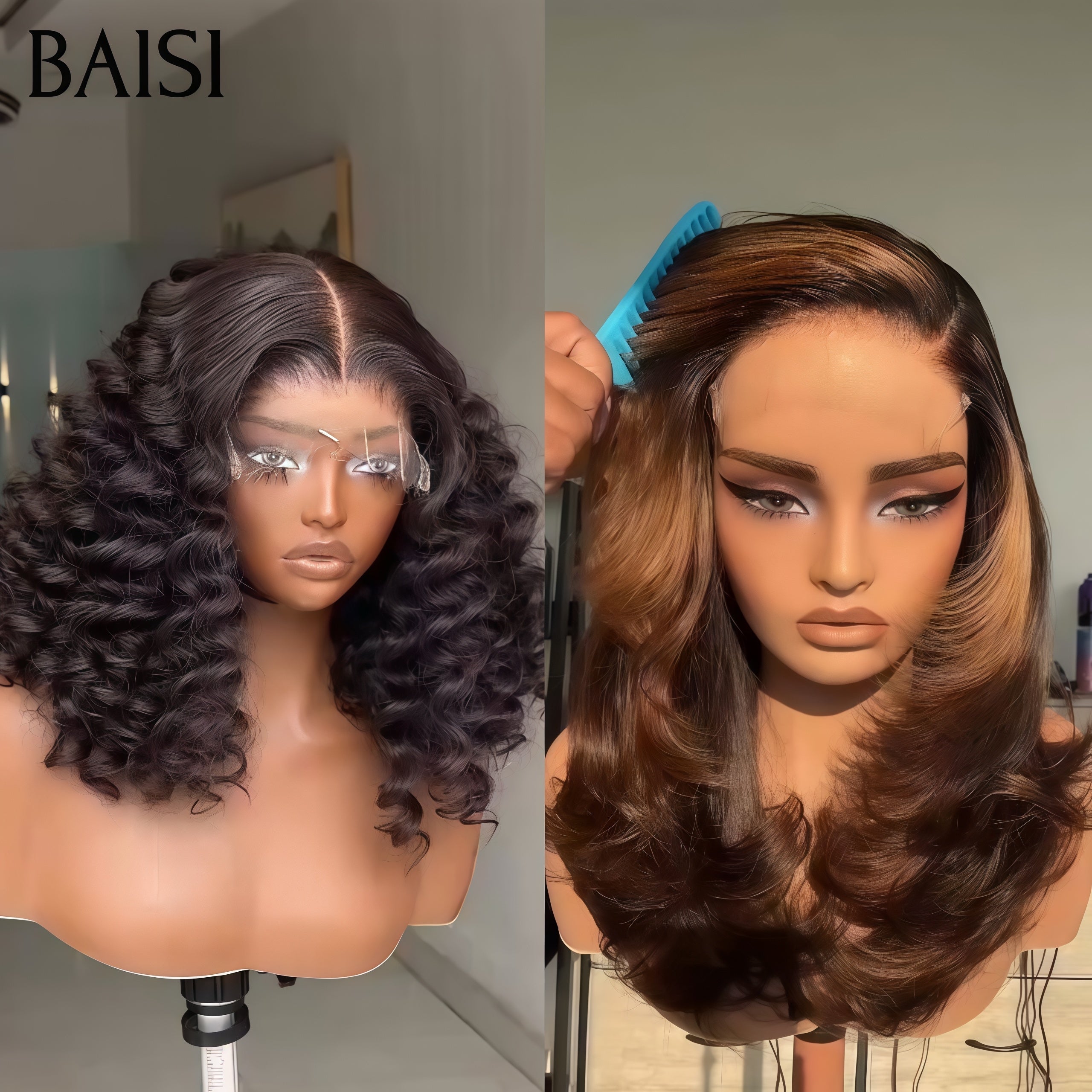 BAISI perruques Deux options 4X4 lace closure deep wave 69€ ou lisse marron 14 pouces BOB 89€ en 100% Cheveux Humains