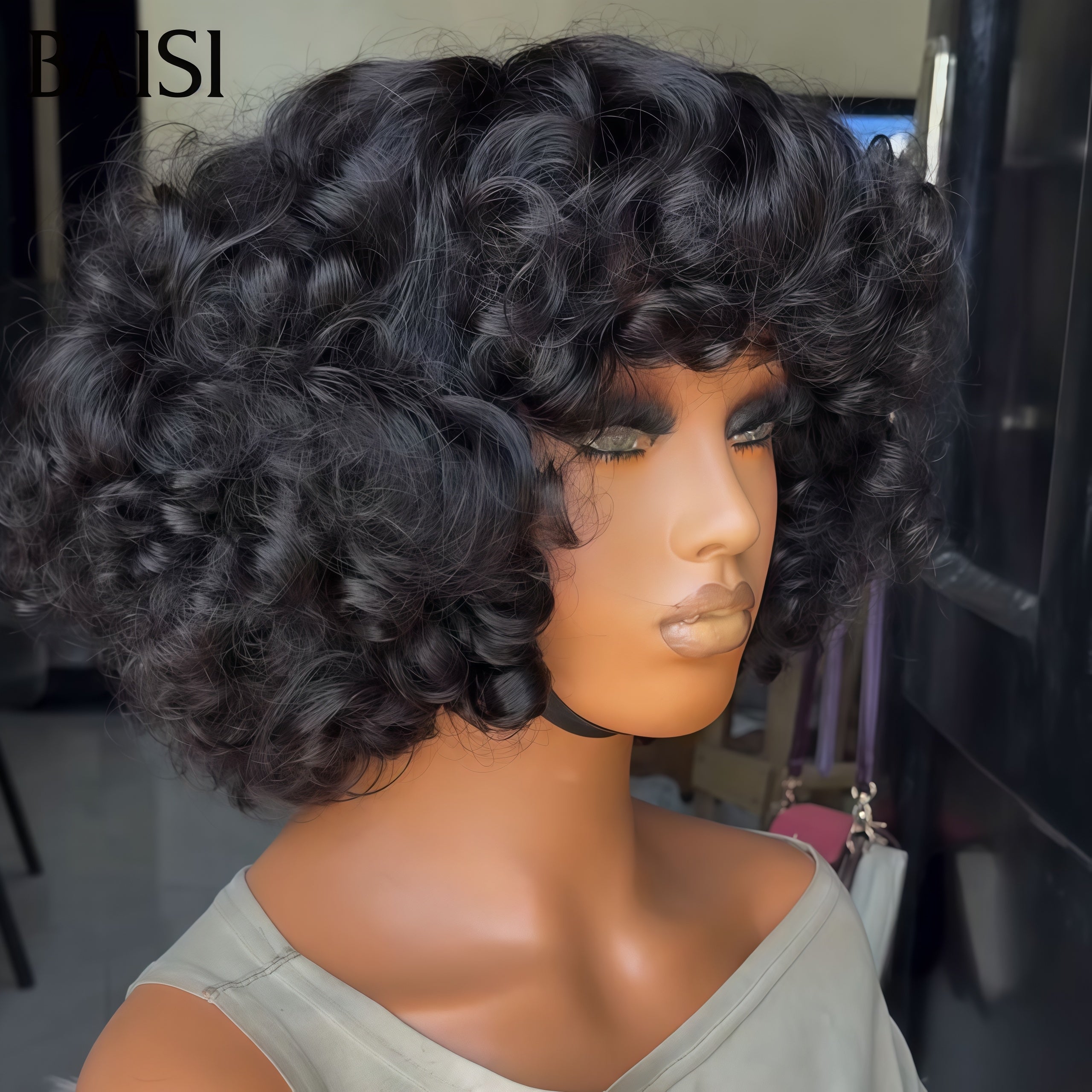 BAISI Perruques Volume de 300% 129€ 14 pouces bouclé egg Wave avec Frange sans Colle Fabriqué à la Machine en 100% Cheveux Humains