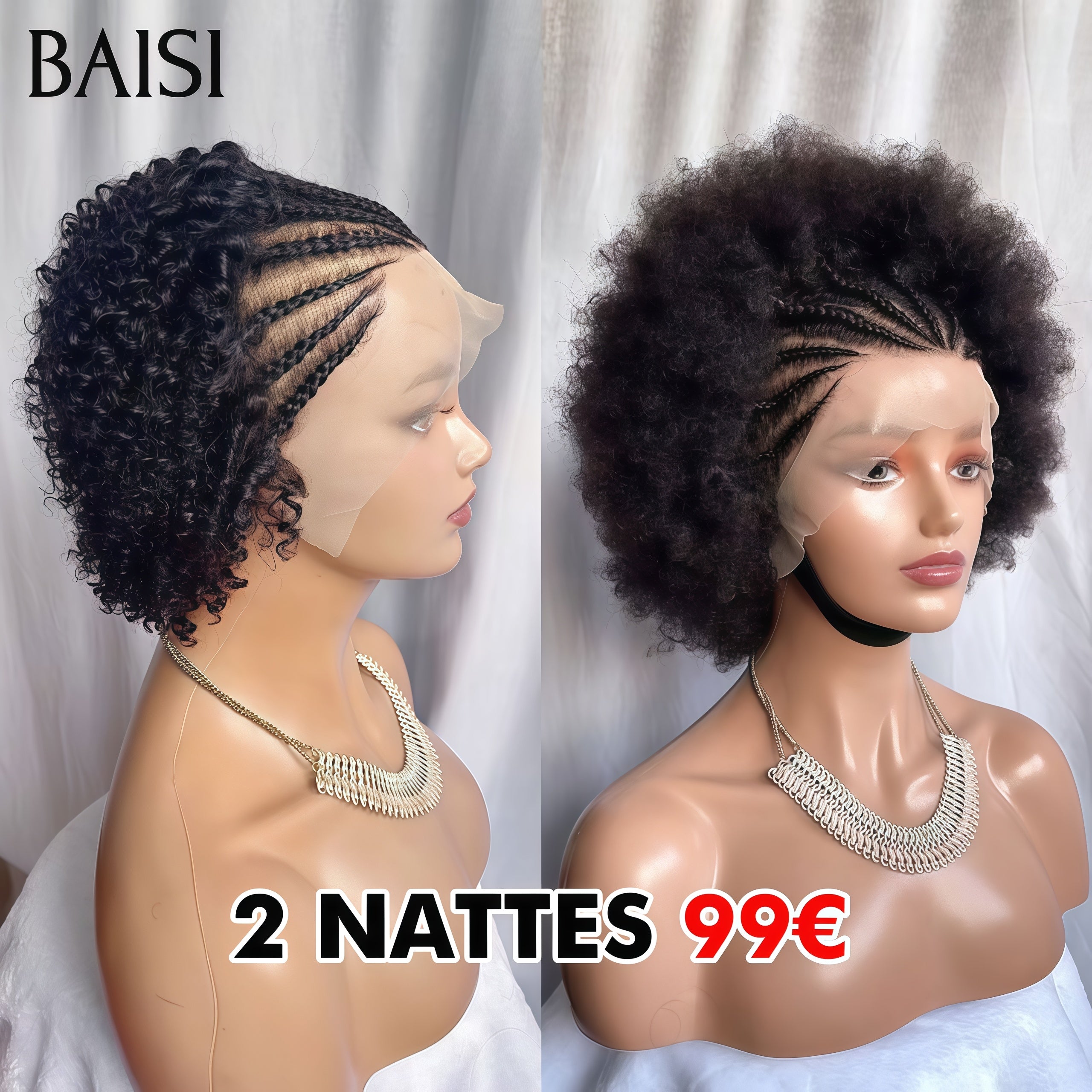 BAISI PROMO 2 perruques natte 99€ 13X4 lace frontal avec natte pixie curly wave et afro curly NOIR en 100% Comme le montre l'image en 100% vrais cheveux humains