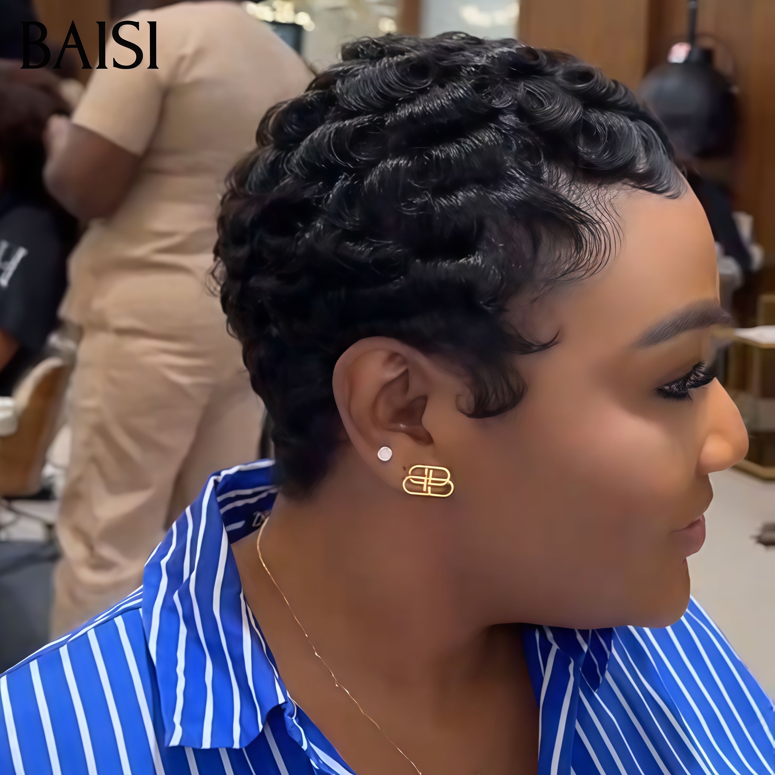 BAISI Perruque chioma Pixie sans Colle sans lace finger wave fabriqué à la machine En Couleur NOIR en 100% Cheveux Humains