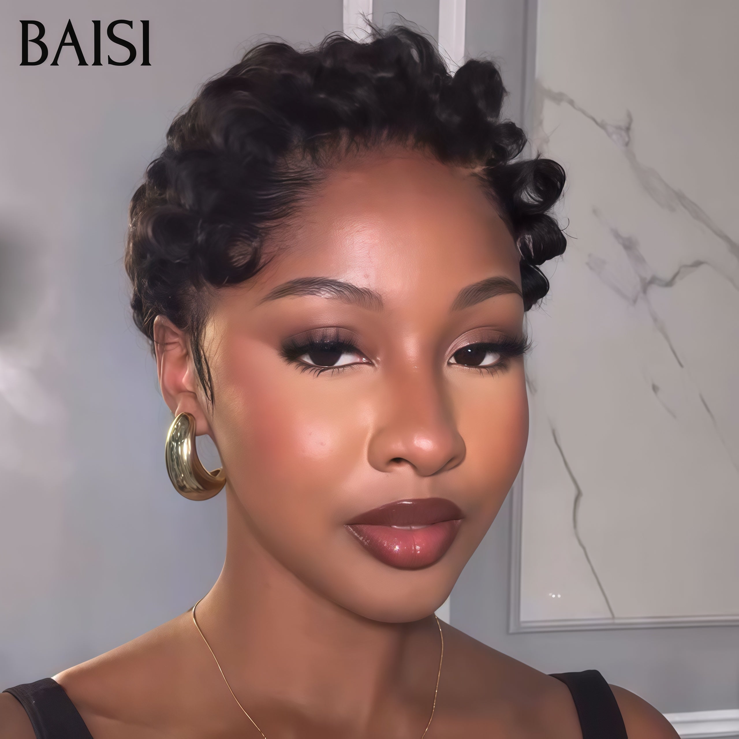 BAISI Perruque Pixie avec frontal finger wave 55€ ou Lisse en couleur miel 4T27# 88€ moitié prix sans colle sans lace 100% Cheveux Humains Fabriqué à la Machine MP50