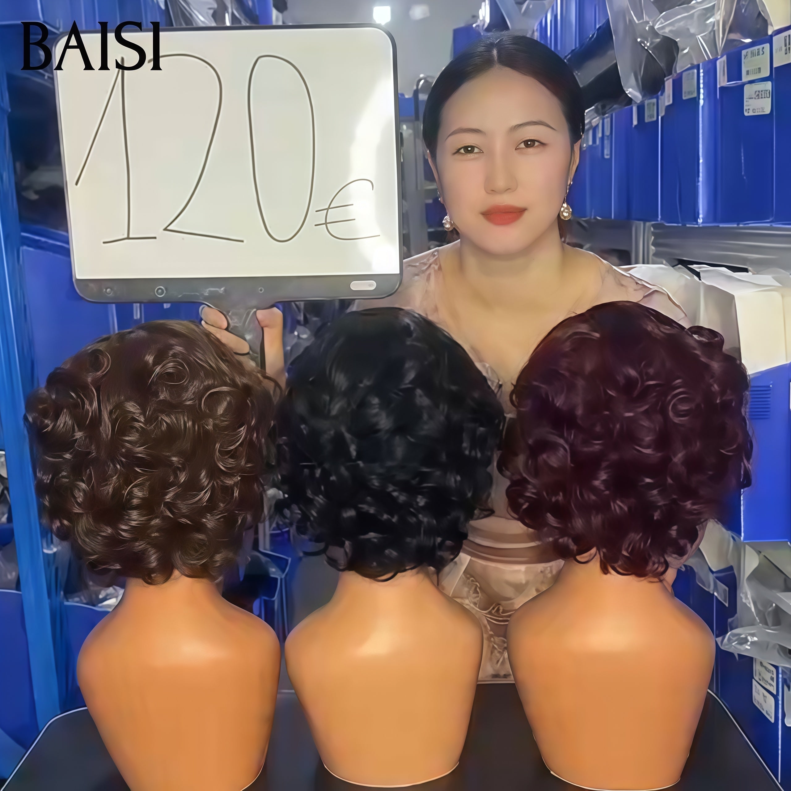 BAISI 3 perruques 120€ 100% Vietnam Hair 13X4 lace frontal pixie egg wave 3 couleurs marron et noir et Bordeaux en 100% vrais cheveux humains