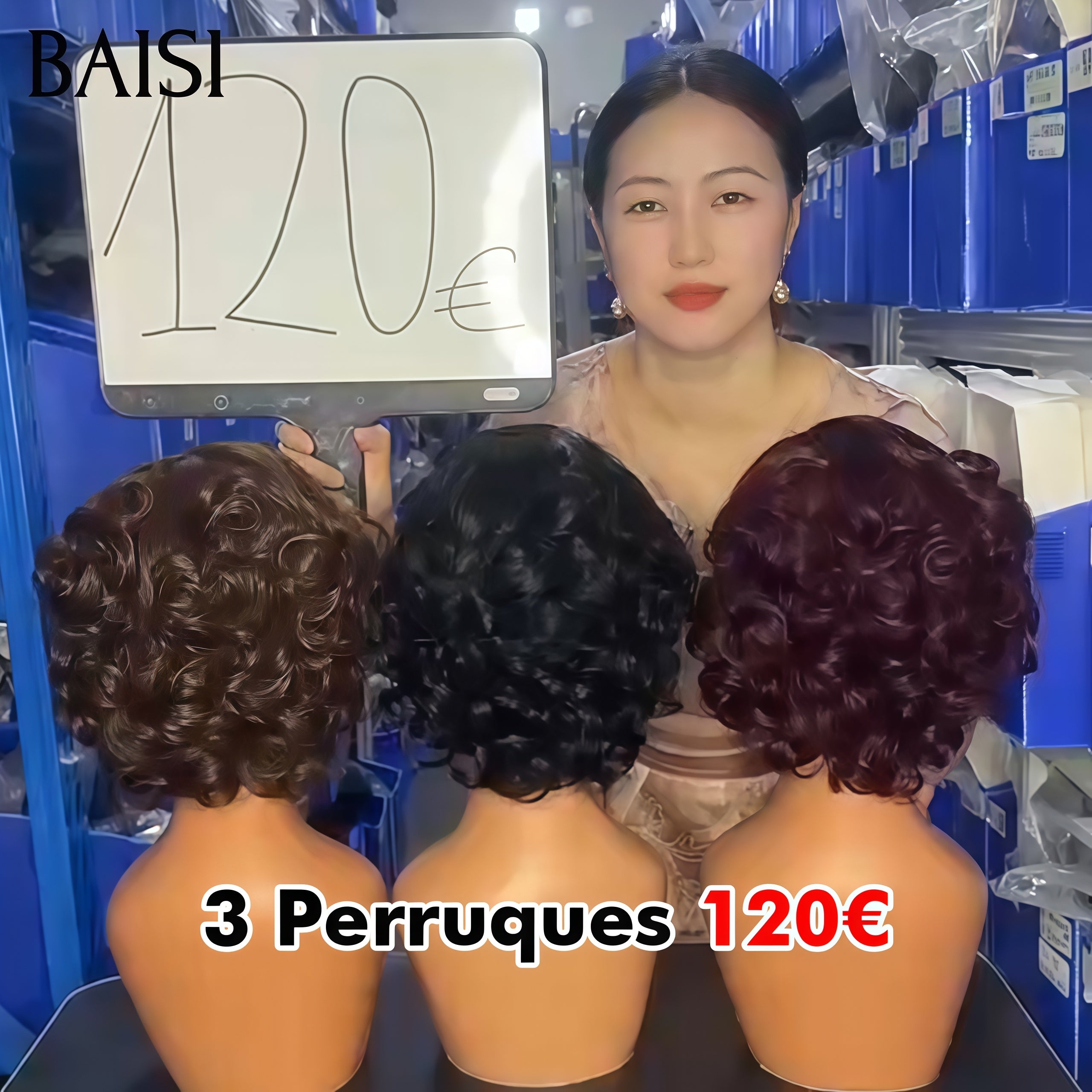 BAISI 3 perruques 120€ 100% Vietnam Hair 13X4 lace frontal pixie egg wave 3 couleurs marron et noir et Bordeaux