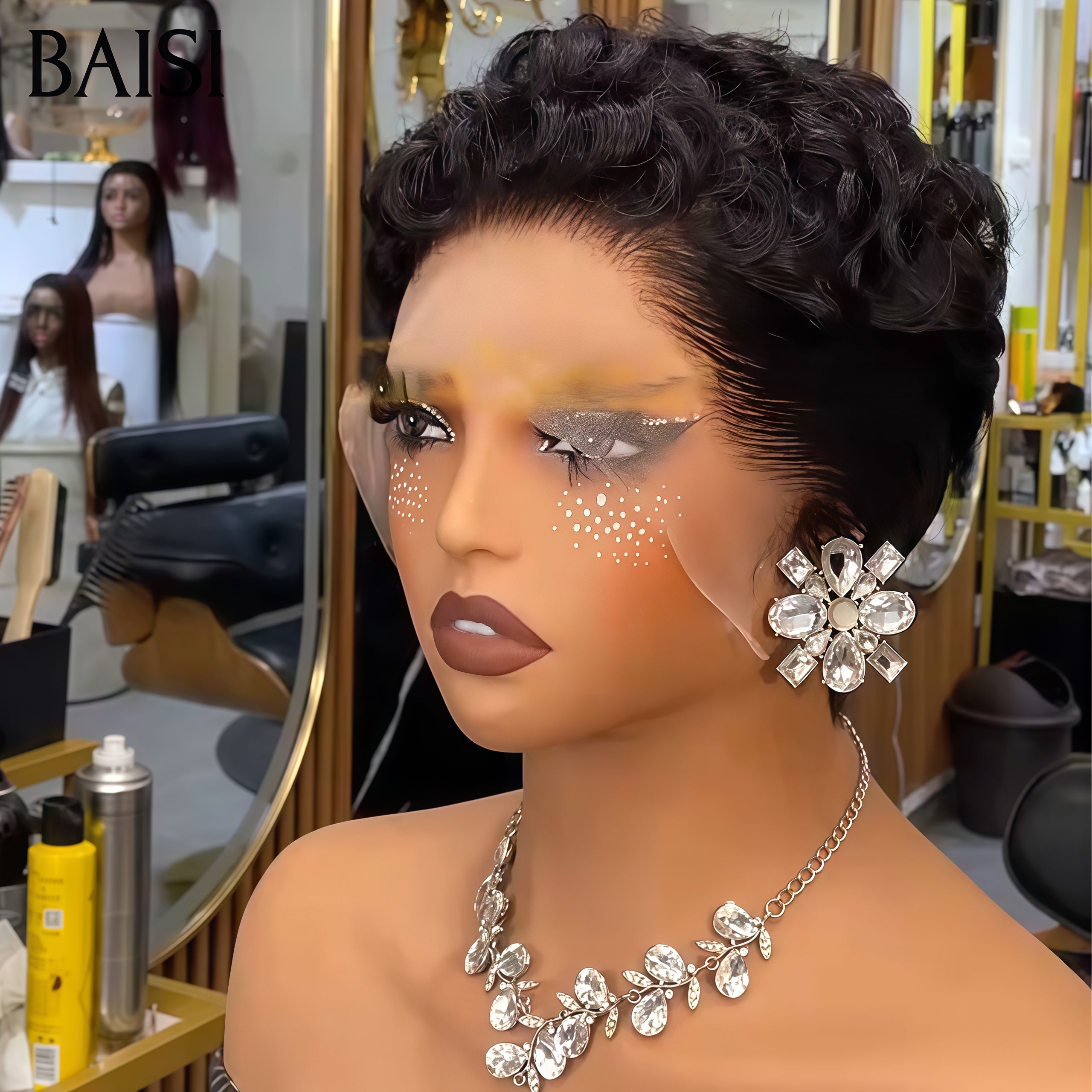 BAISI 13X4 lace Perruque chioma Pixie vague En Couleur noir 1 achetée + 1 cadeau OFFERT 55€ en 100% Cheveux Humains BS65