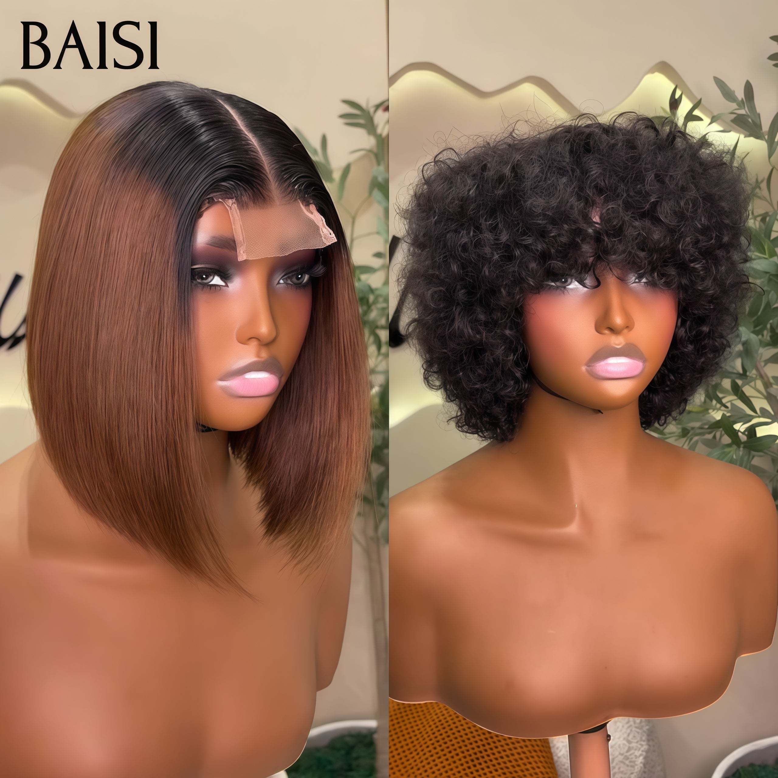 BAISI flash sale 2 Wigs 108€ 4x4 lace Straight BOB Brown and pixie without Glue curly wave F-8197 in 100% real human hair
