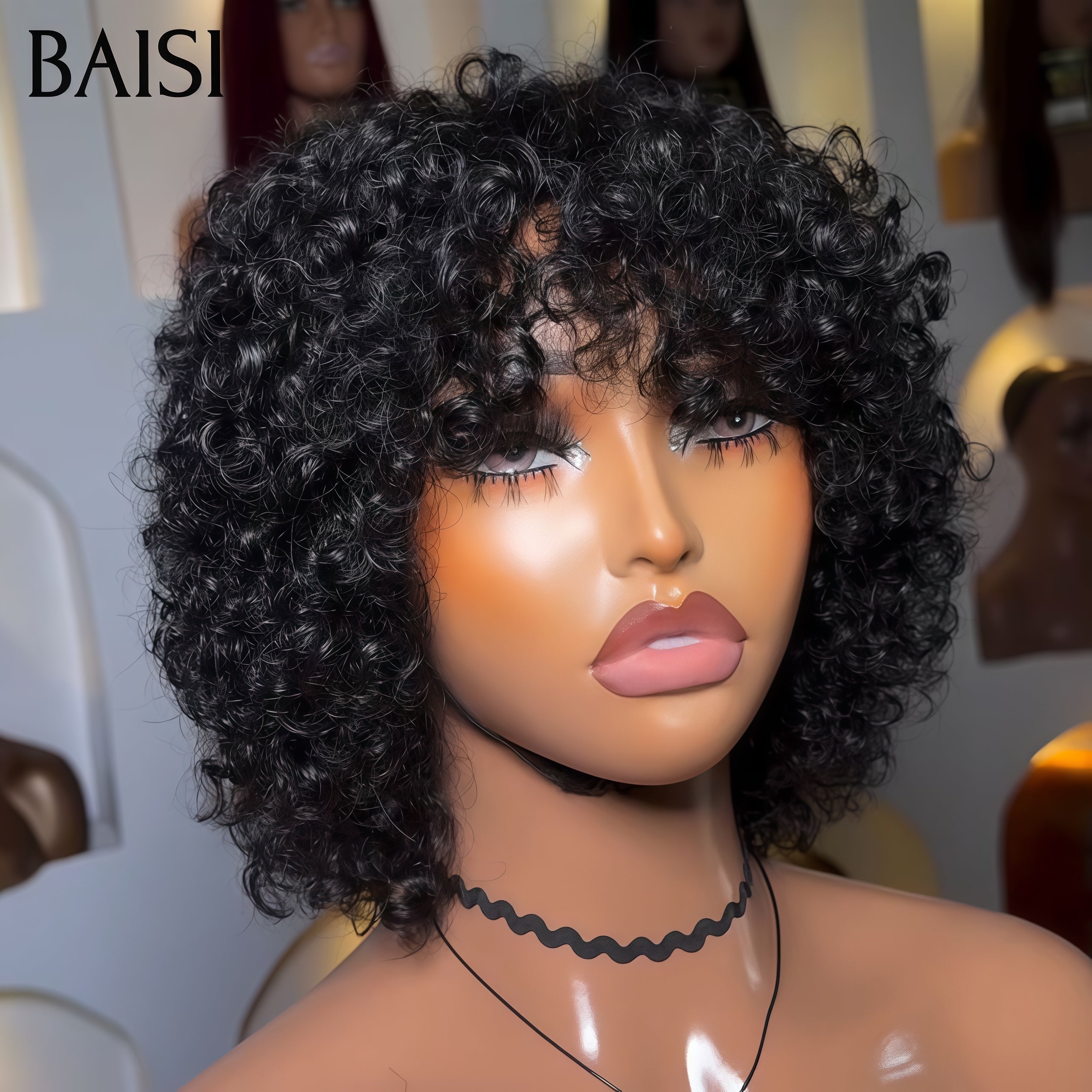 BAISI Perruque Pixie curly wave NOIR 49€ ou noir mix miel 1B27# petite coupe fabriqué à la machine 65€ En 100% Cheveux Humains