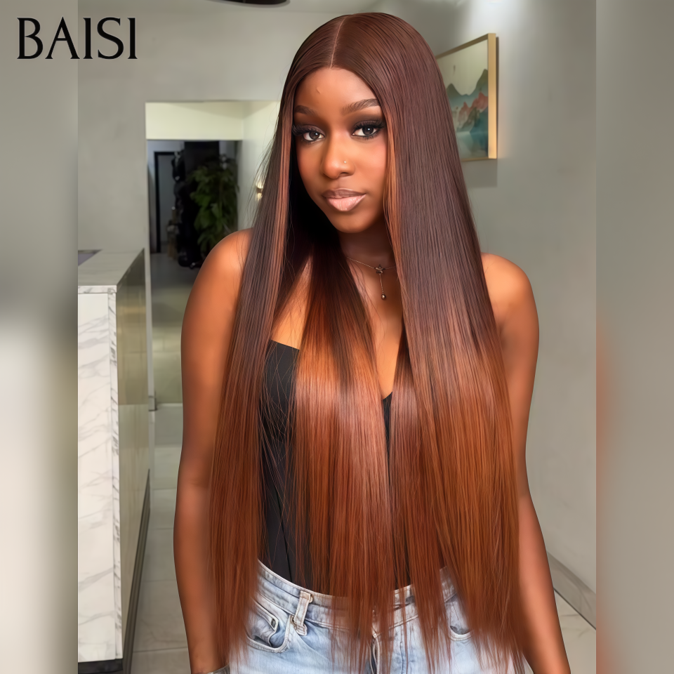 BAISI Offre spéciale 13X4 lace frontal Perruques Lisse brun avec racine Marron en 100% vrais cheveux humains