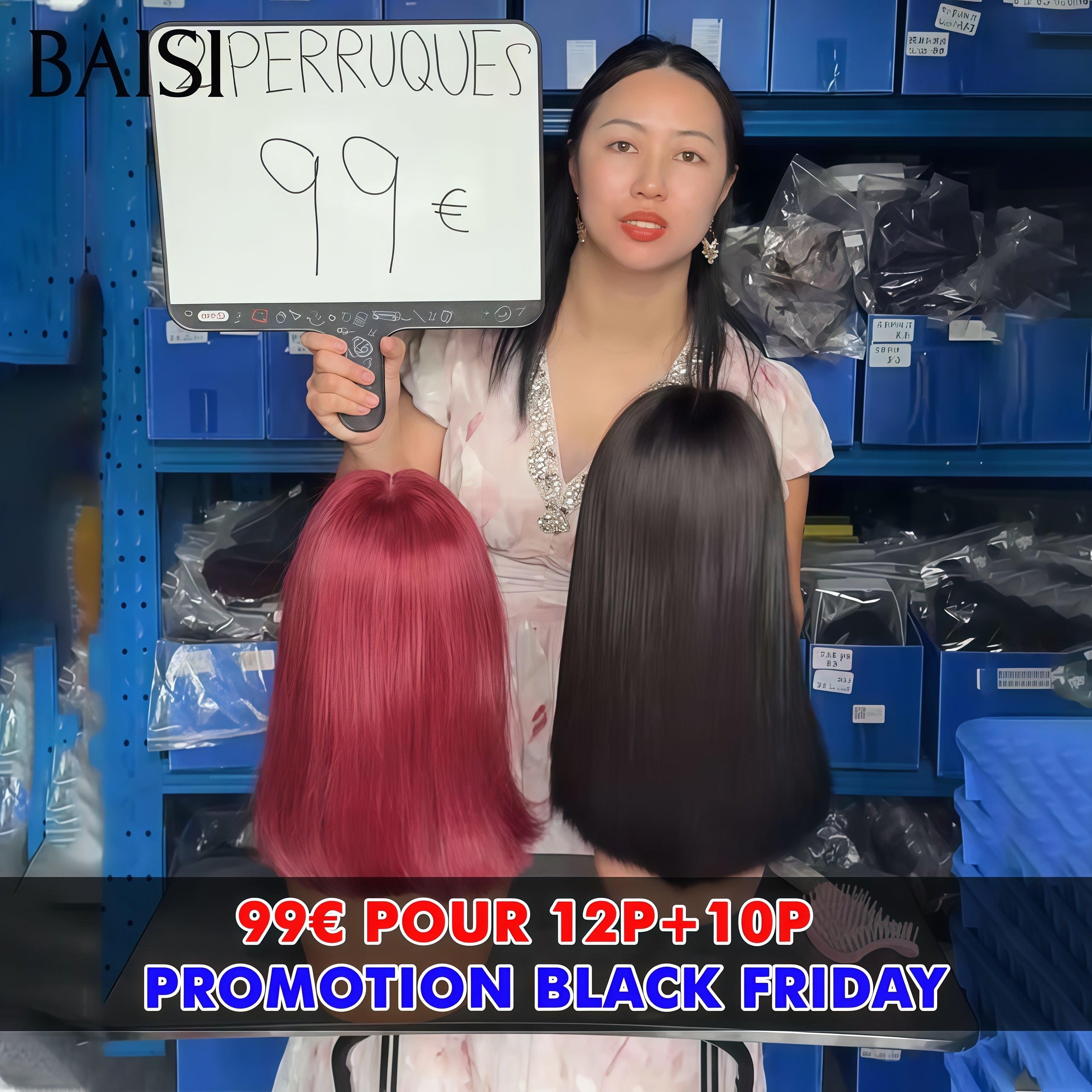 BAISI BLACK FRIDAY BAS Prix 2 perruques 99€ pour 2 pièces 13x4 lace frontal bob lisse en 2 couleurs Bordeaux et NOIR en 100% Cheveux Humains