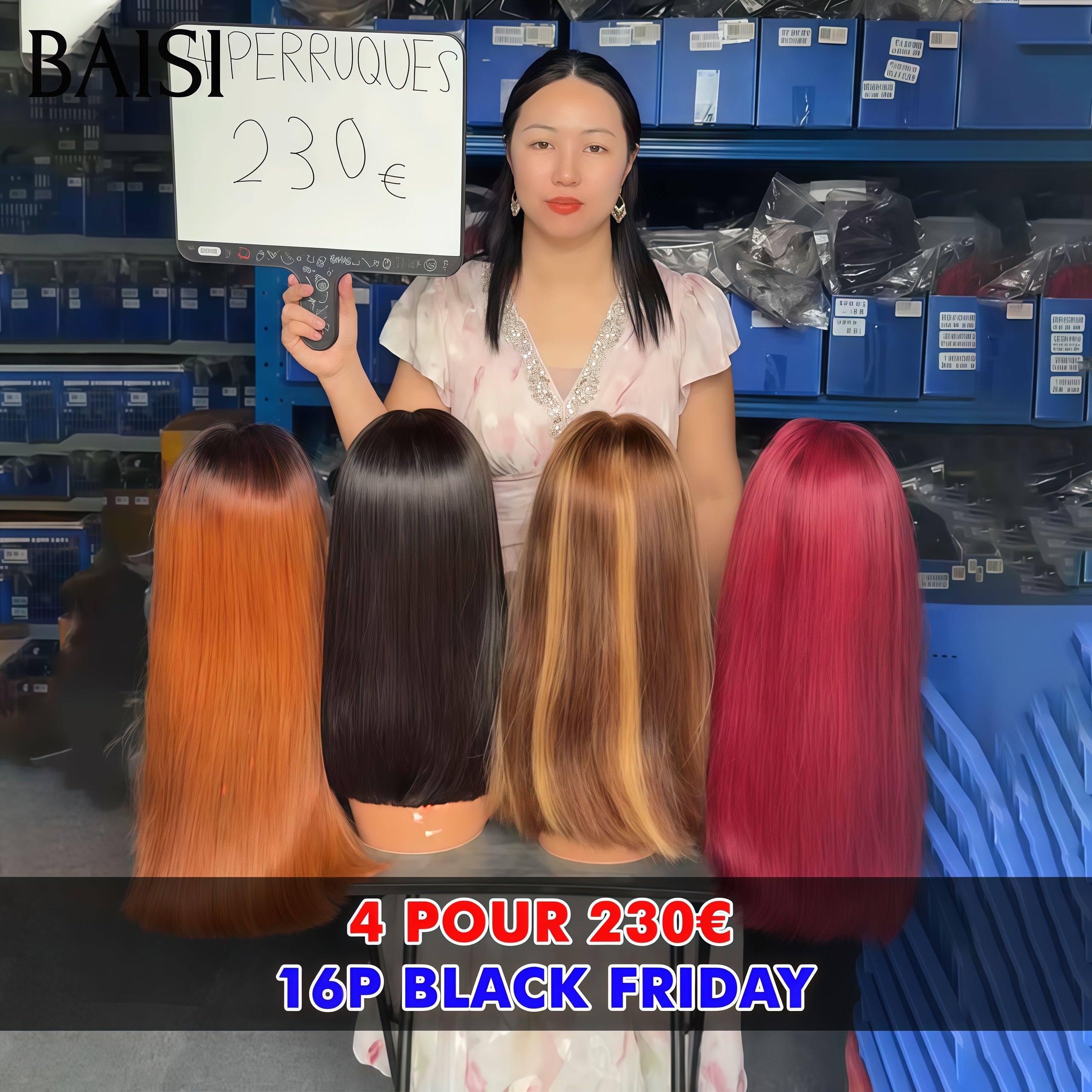 BAISI BLACK FRIDAY BAS Prix 4 perruques 230€ 13x4 lace frontal bob lisse 16 Pouces en 4 couleurs Bordeaux et NOIR et Marron et Mixte Miel en 100% Cheveux Humains