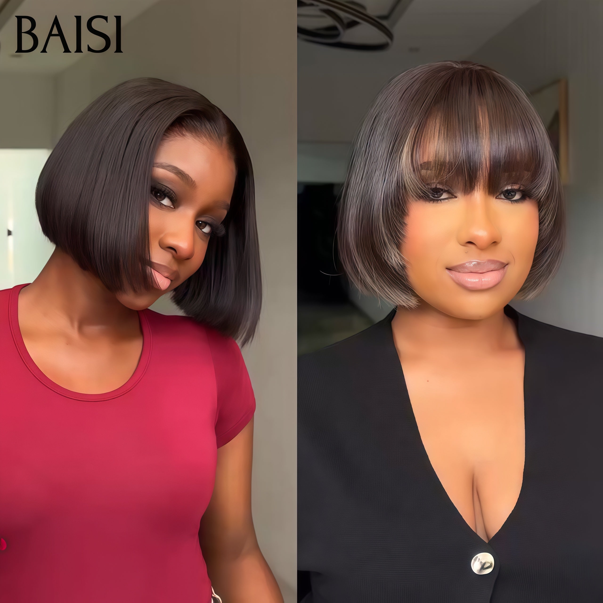 BAISI PROMO Ventes En Gros 2 Perruques 118€ 8 Pouces BOB Lisse avec Frange Mixte et 4x4 lace closure NOIR en 100% cheveux humains
