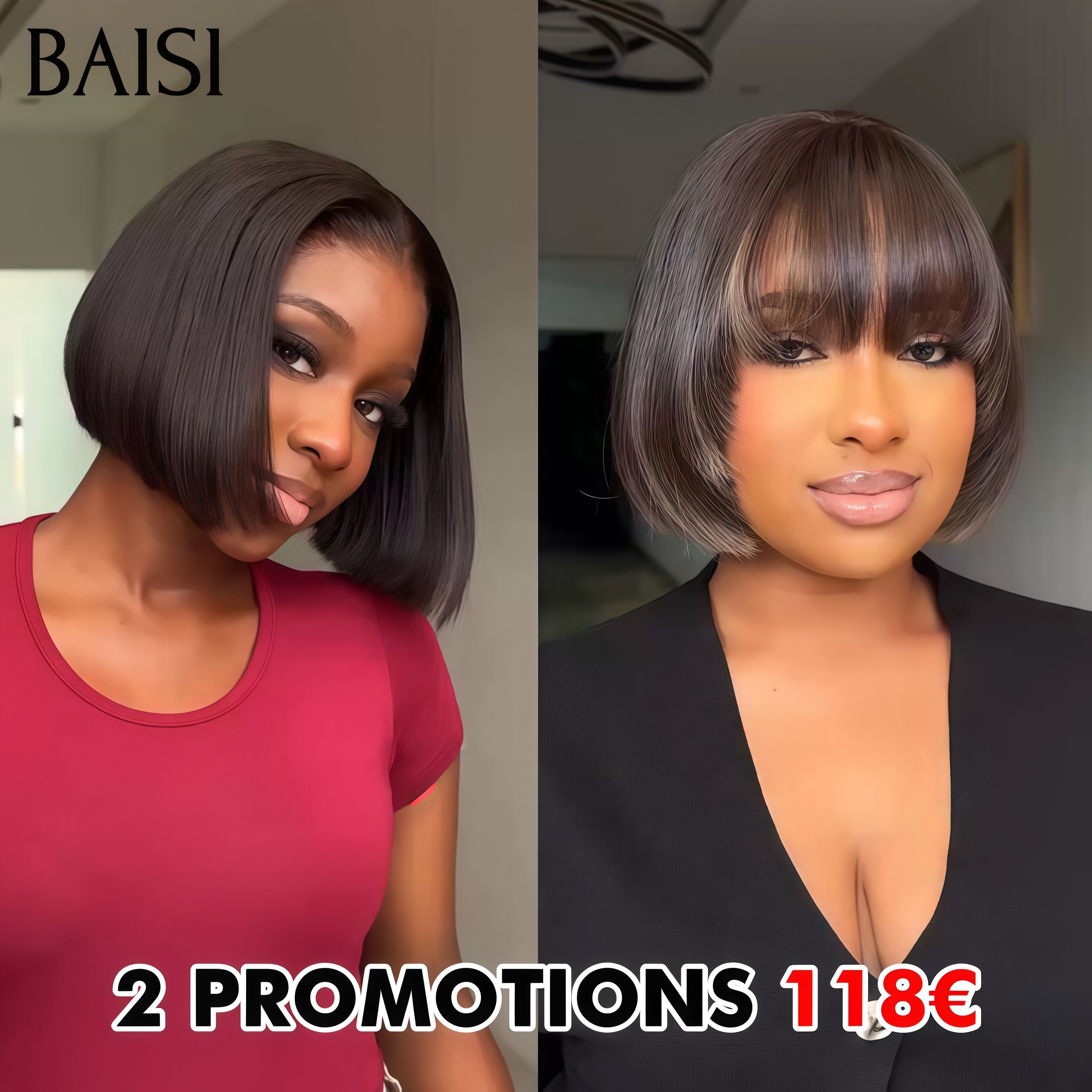 BAISI PROMO Ventes En Gros 2 Perruques 118€ 8 Pouces BOB Lisse avec Frange Mixte et 4x4 lace closure NOIR en 100% cheveux humains